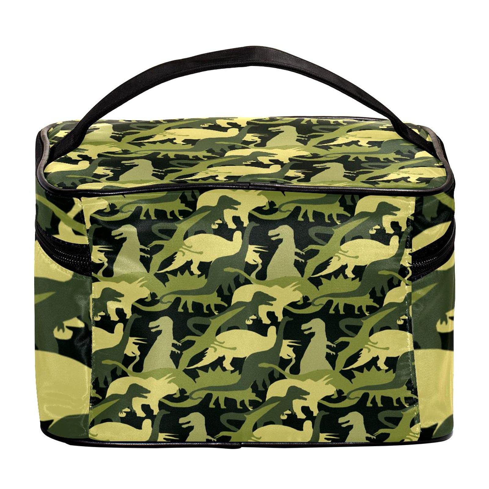 Green Army Camo Dinosaur Print Large Travel Makeup Bag - Waterproof Cosmetic Organizer with Zipper for Women & Girls | Perfect for Travel, Gym, and Daily Essentials Storage