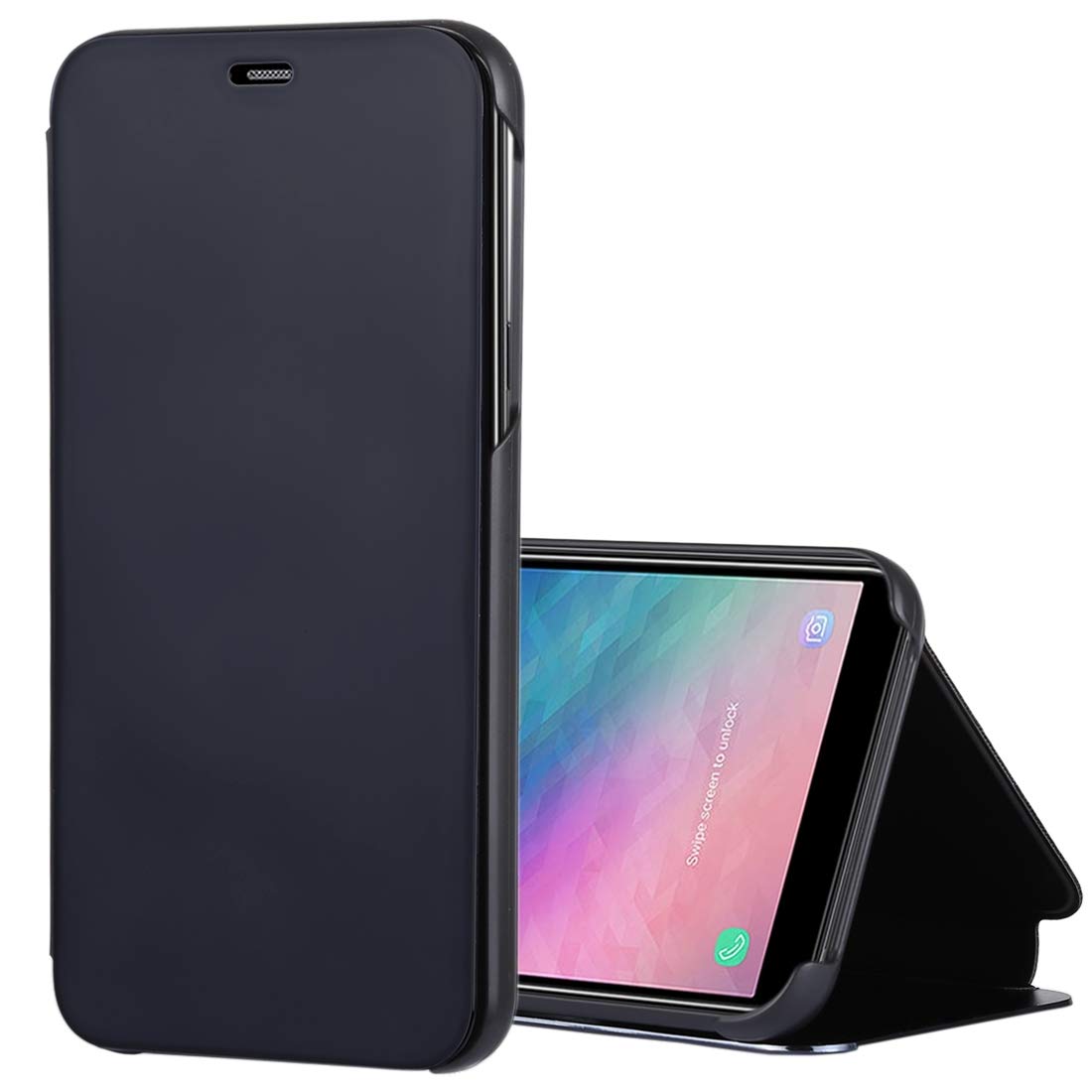 Samsung Galaxy J6 (2018) Mirror Flip Leather Phone Case with Card Holder - Electroplated Protective Cover for Women & Men (Black) | Perfect for Business, Travel & Daily Use