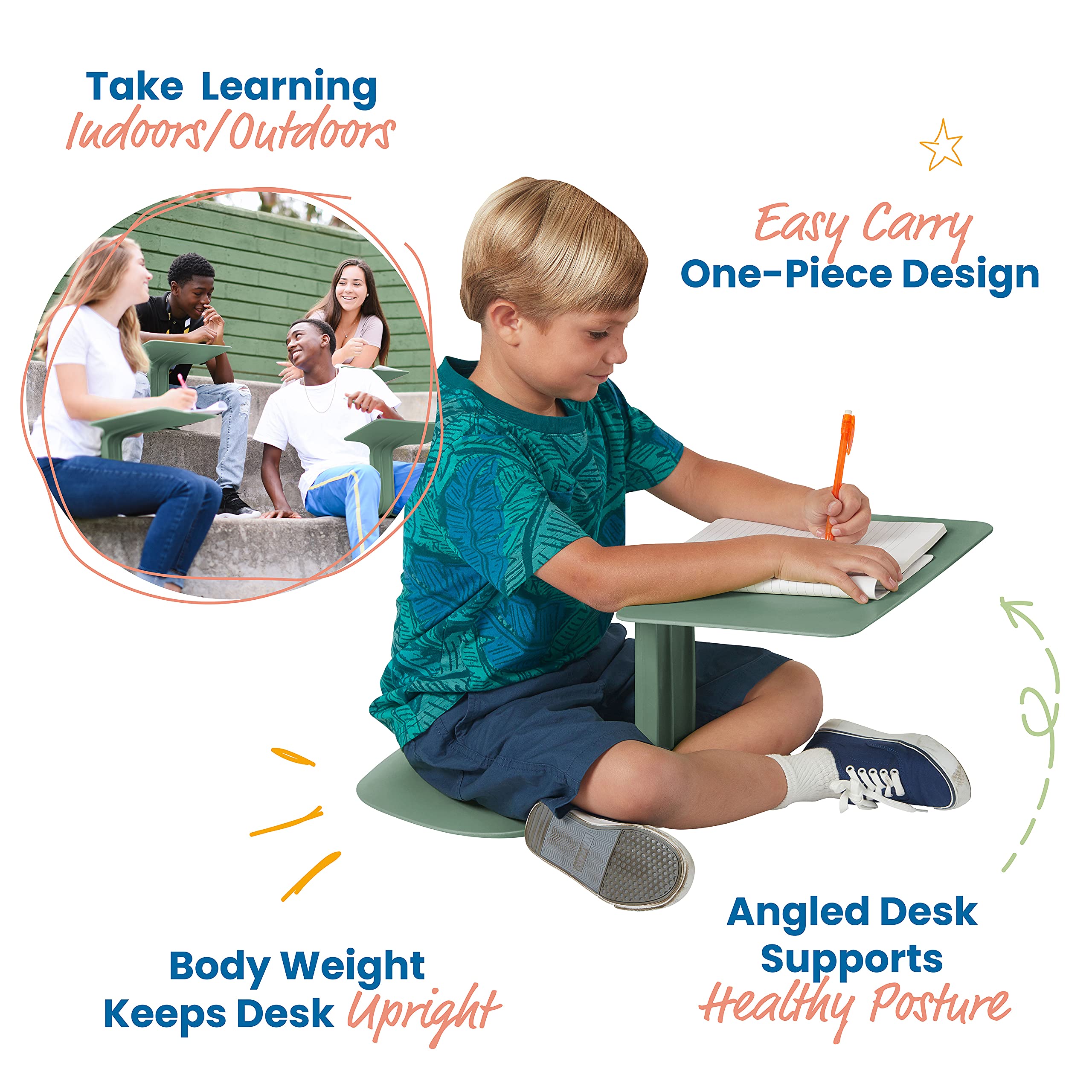 ECR4Kids The Surf Portable Lap Desk for Kids - Lightweight & Adjustable Study Table for Home, School, or Travel - Flexible Seating Classroom Furniture in Sage Green