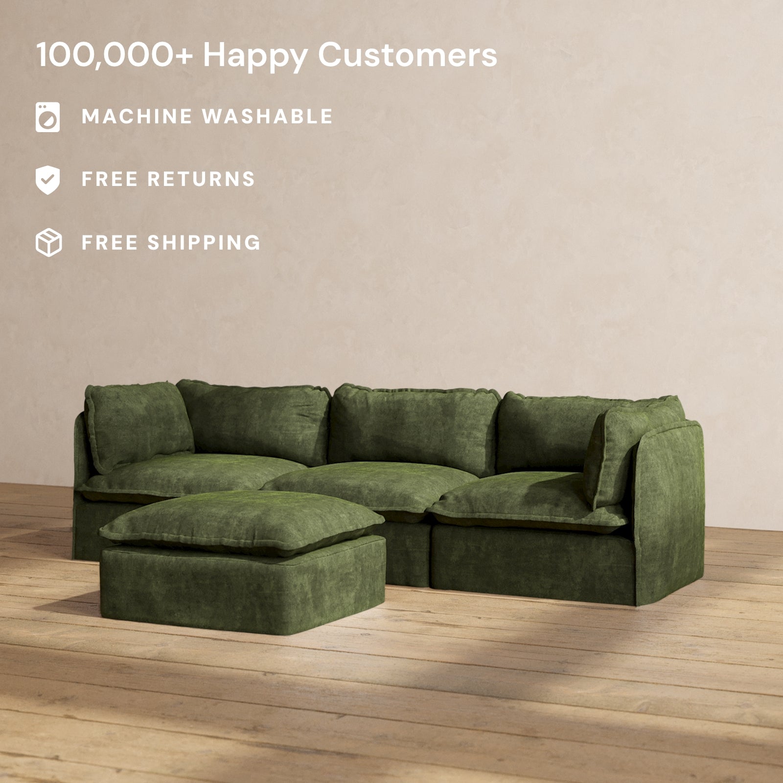 Modular Performance 3-Seater Sofa with Ottoman in Olive Green | Modern Sectional Couch for Living Room, Lounge & Family Room | Comfortable Blend Fabric for Relaxing & Entertaining