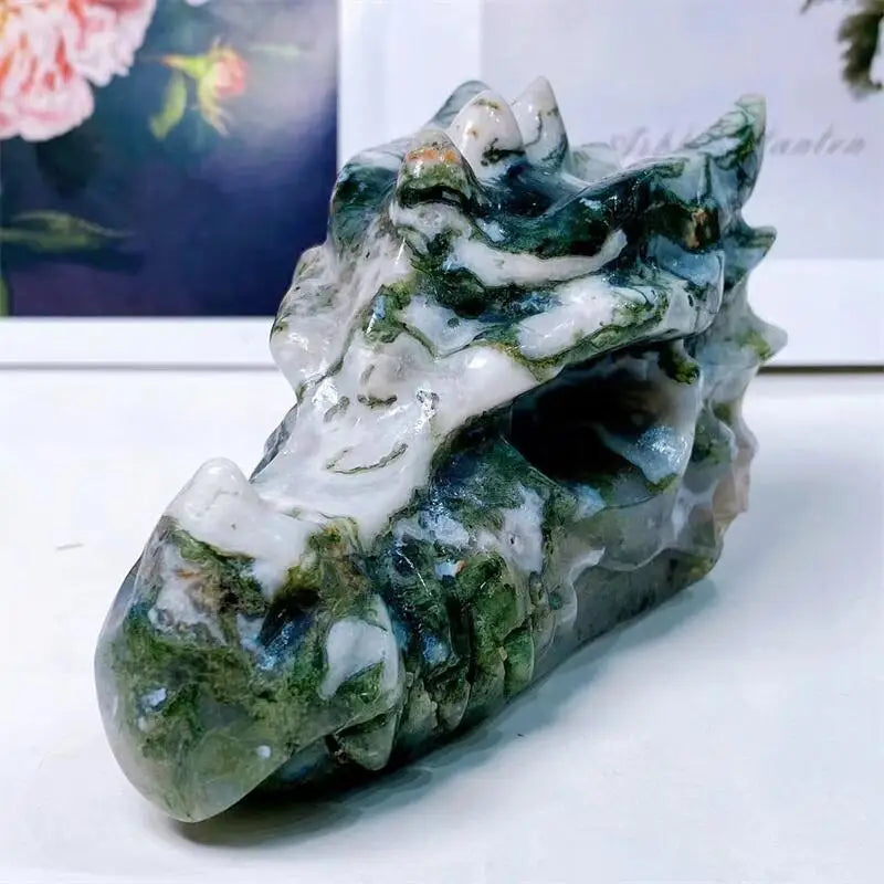10CM Natural Moss Agate Dragon Skull Carved Crystal Statue - Healing Crystal for Feng Shui, Reiki Energy, Home & Office Decor - Unique Spiritual Gift for Meditation & Yoga Spaces