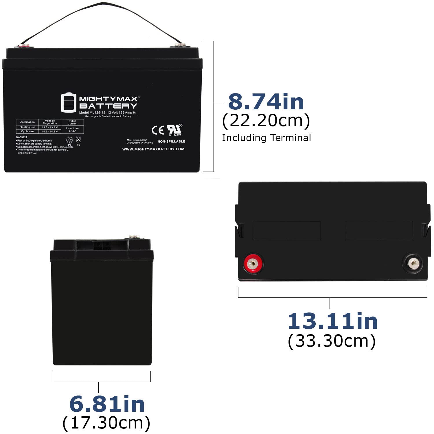 Mighty Max 12V 125AH SLA Deep Cycle Battery for Solar Panels, Wind Energy Systems & Off-Grid Power - Perfect for RV, Marine, Golf Cart & Backup Power Applications