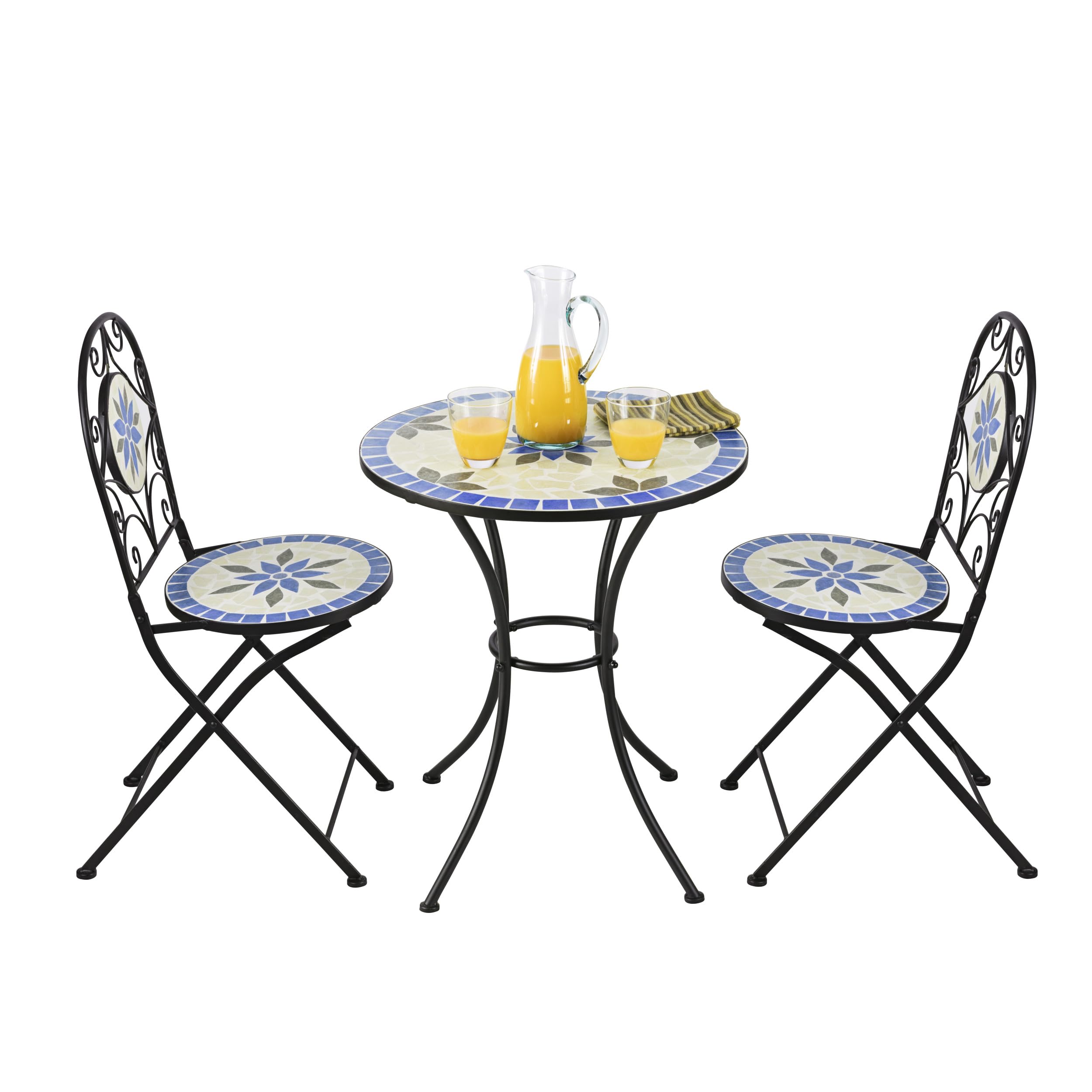 Alpine Corporation 3-Piece Blue and Beige Mosaic Bistro Set - Outdoor Patio Dining Furniture for Garden, Balcony & Backyard