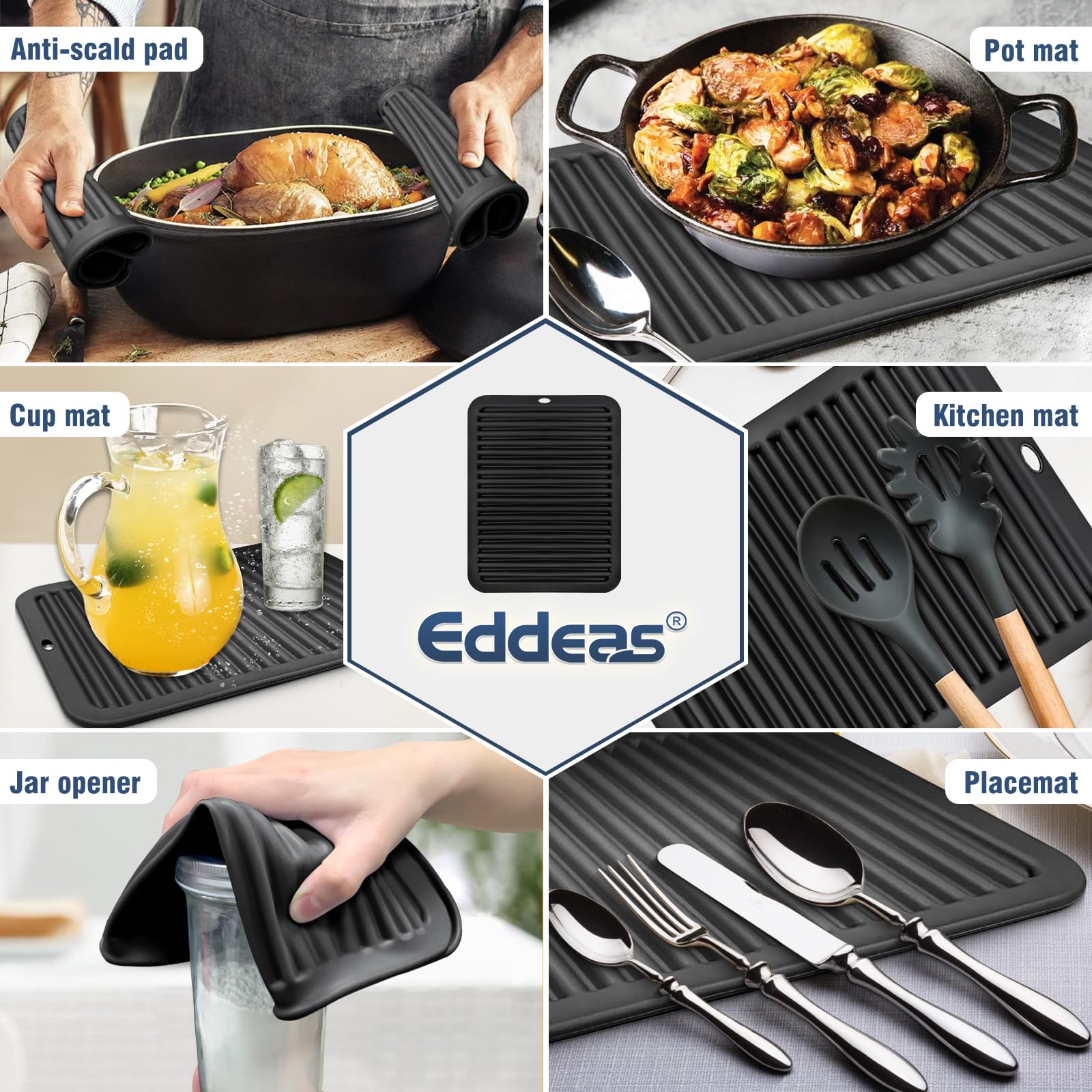 Heat-Resistant Silicone Trivets for Kitchen - Set of 2 Black Hot Pads (12