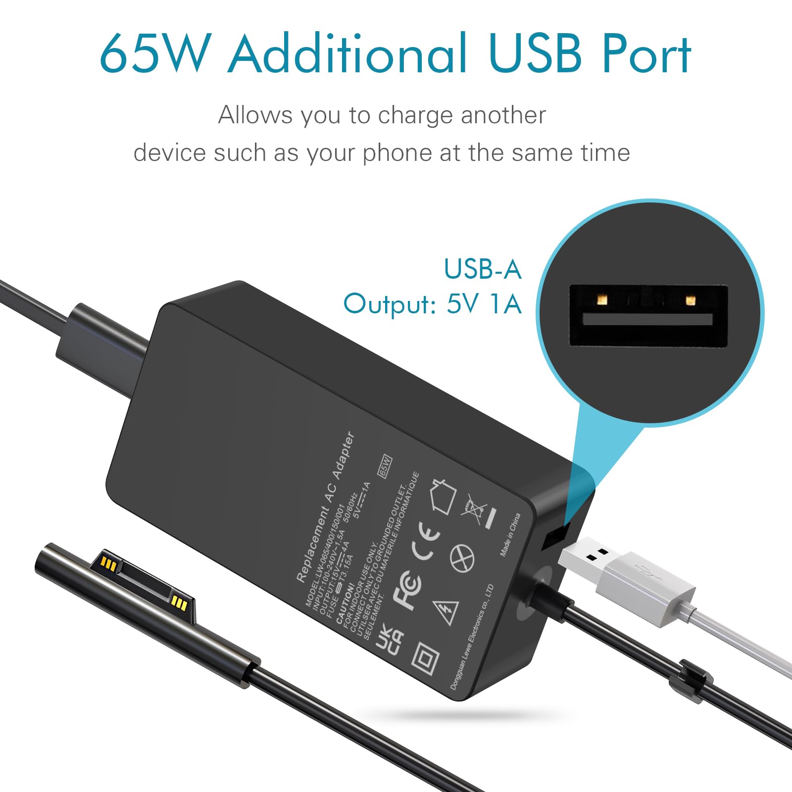 65W Microsoft Surface Pro Charger - Compatible with Surface Pro 9/8/7/6/5/4/3/X, Surface Go 3/2/1, Surface Laptop 5/4/3/2/1 & Surface Book 3/2/1 - Fast Charging Power Adapter for Home, Office & Travel Use