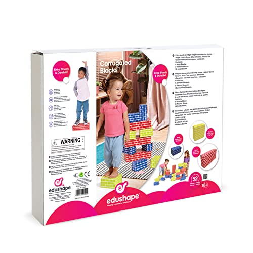 Edushape 52-Piece Cardboard Baby Blocks - Durable Jumbo Stacking Blocks for Toddlers 6-12 Months | Multi-Colored Educational Building Toys for Kids | Perfect for Playroom, Daycare & Early Learning Activities