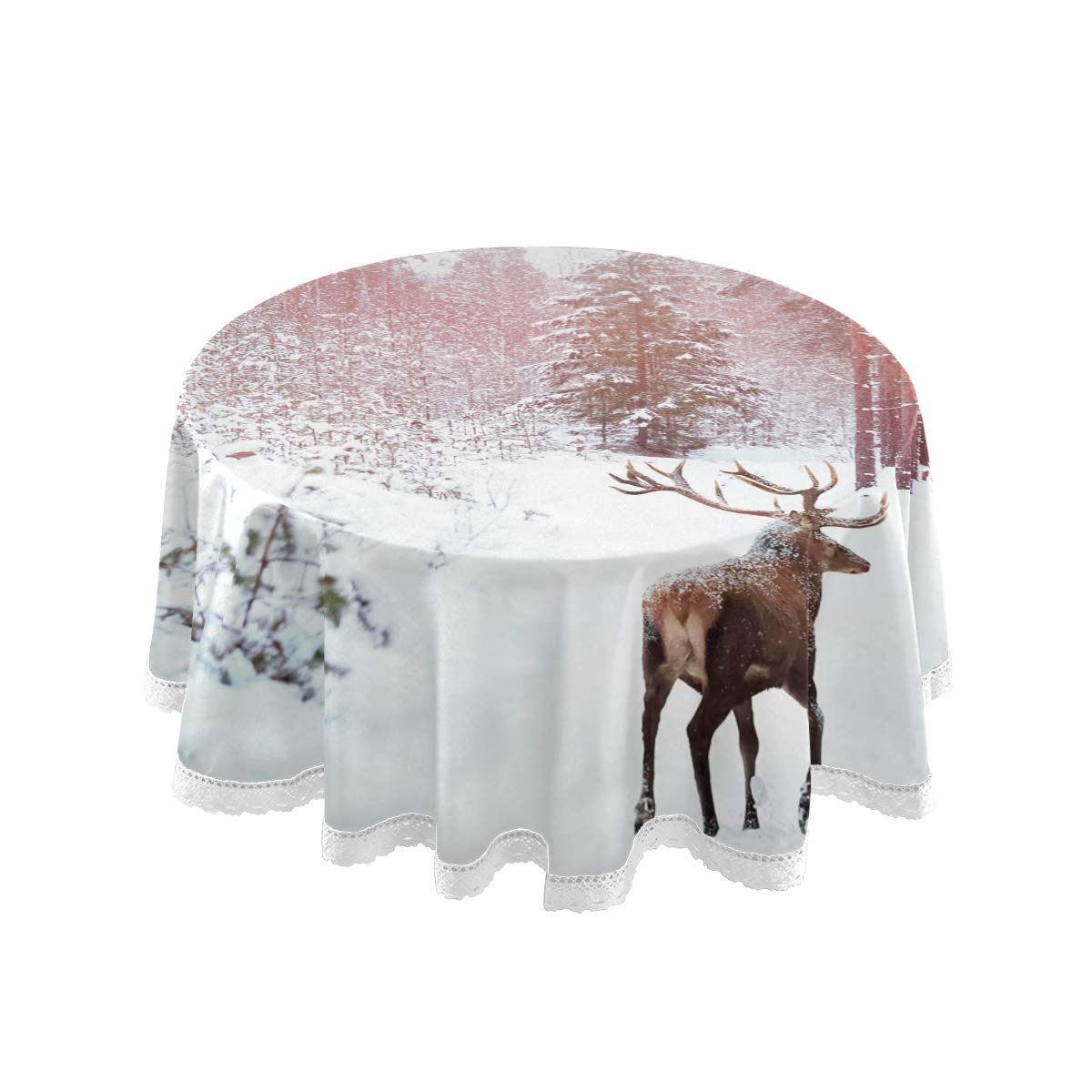 Winter Snow Forest Deer Print Thick Non-Slip Round Tablecloth - 60 Inch Diameter Waterproof Dining Table Cover for Christmas Parties, Holiday Decorations & Cozy Home Dining