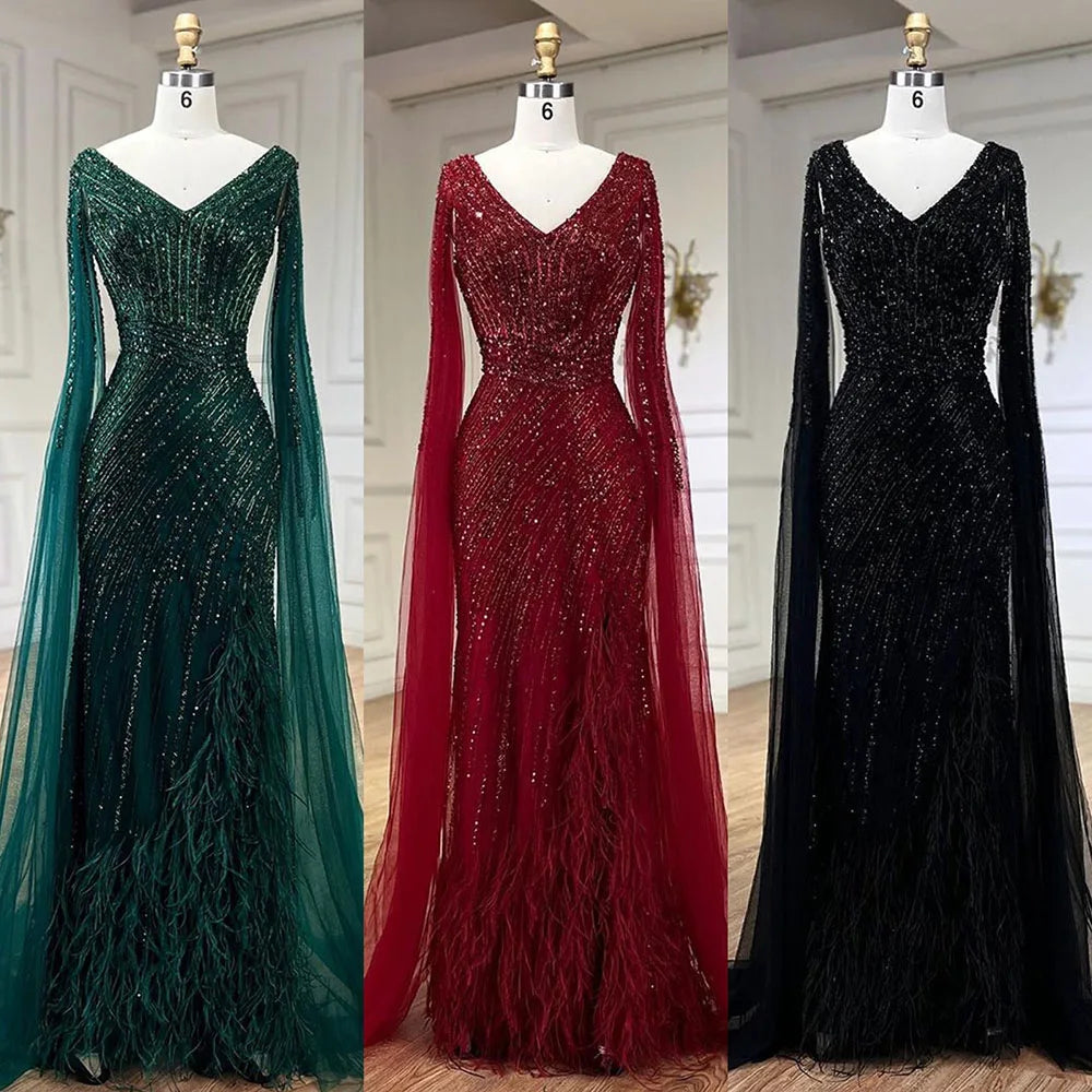 Serene Hill Black Mermaid Evening Gown with Cape Sleeves, High Slit & Beaded Feather Details - Elegant Women's Formal Dress for Prom, Gala & Special Occasions