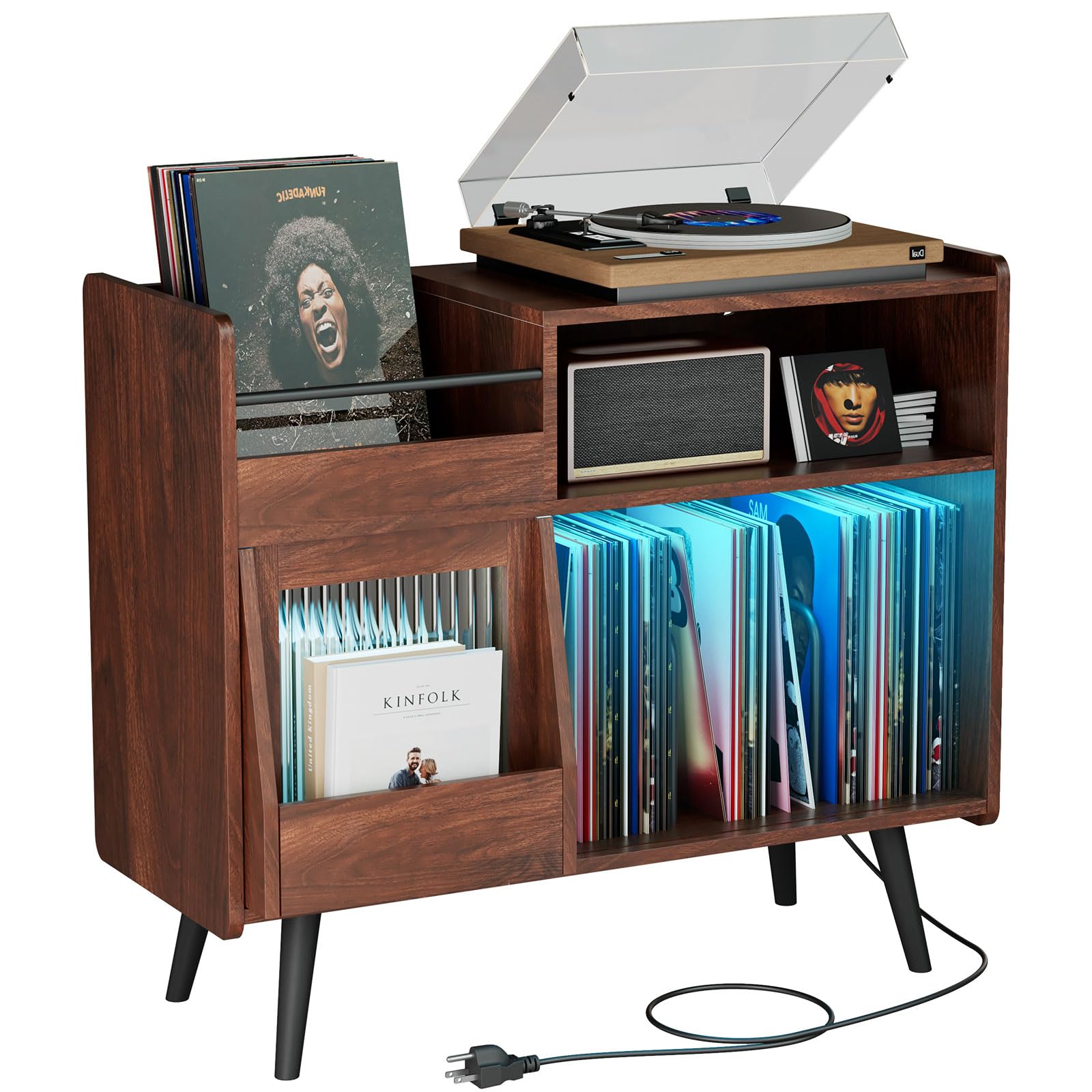 Large Wooden Record Player Stand with Sliding Door - 350 Vinyl Record Storage Cabinet with Power Outlet & LED Light - Turntable Stand with Wood Legs for Living Room, Bedroom, Office - Perfect for Music Lovers & Vinyl Collectors