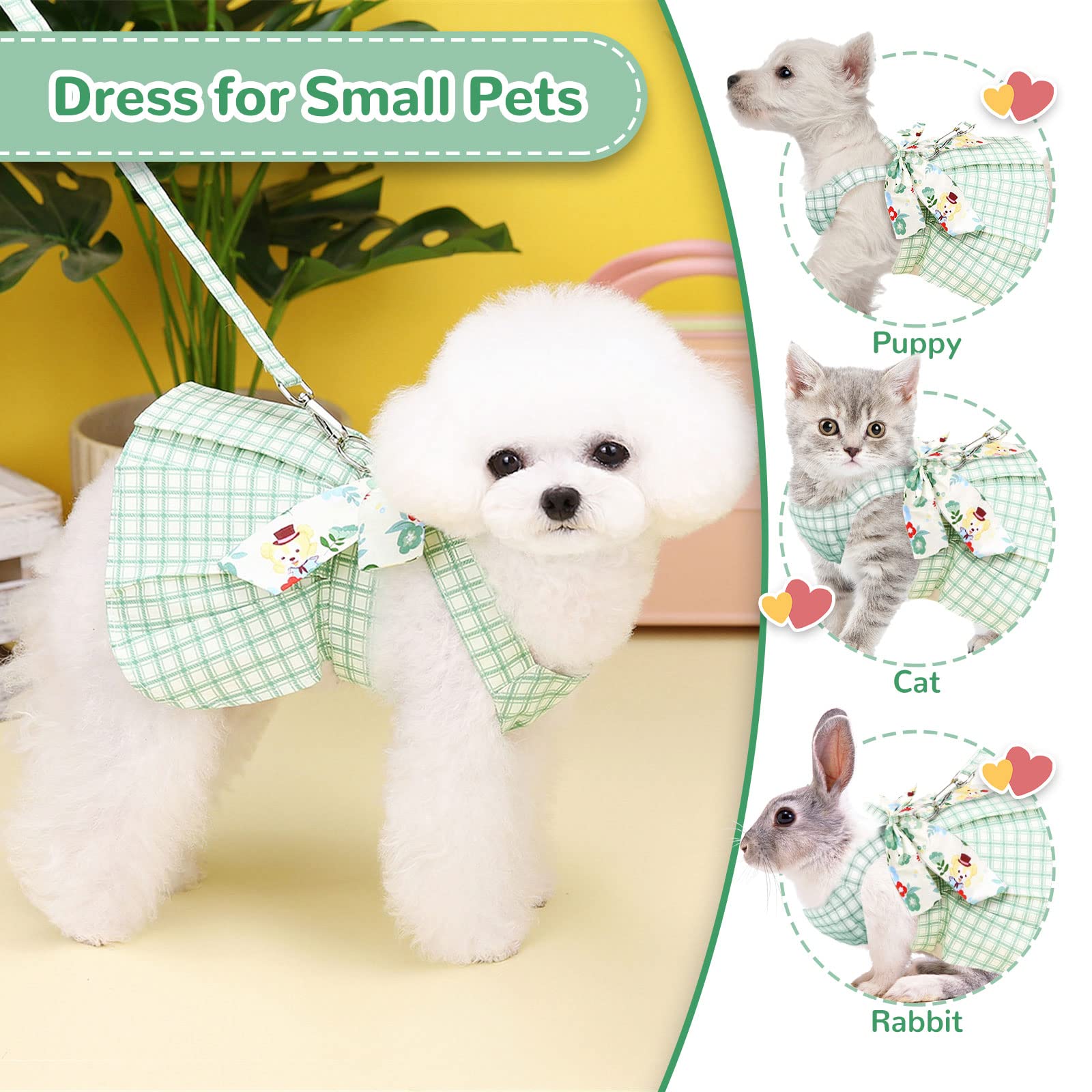 Stylish Plaid Dog Dress Harness & Leash Set for Small & Medium Dogs - Green Summer Pet Outfit with Bow for Puppy Princess, Holiday Party Costume - Perfect for Chihuahua & Yorkie (XL) | Great for Birthday Parties, Photo Shoots & Special Occasions