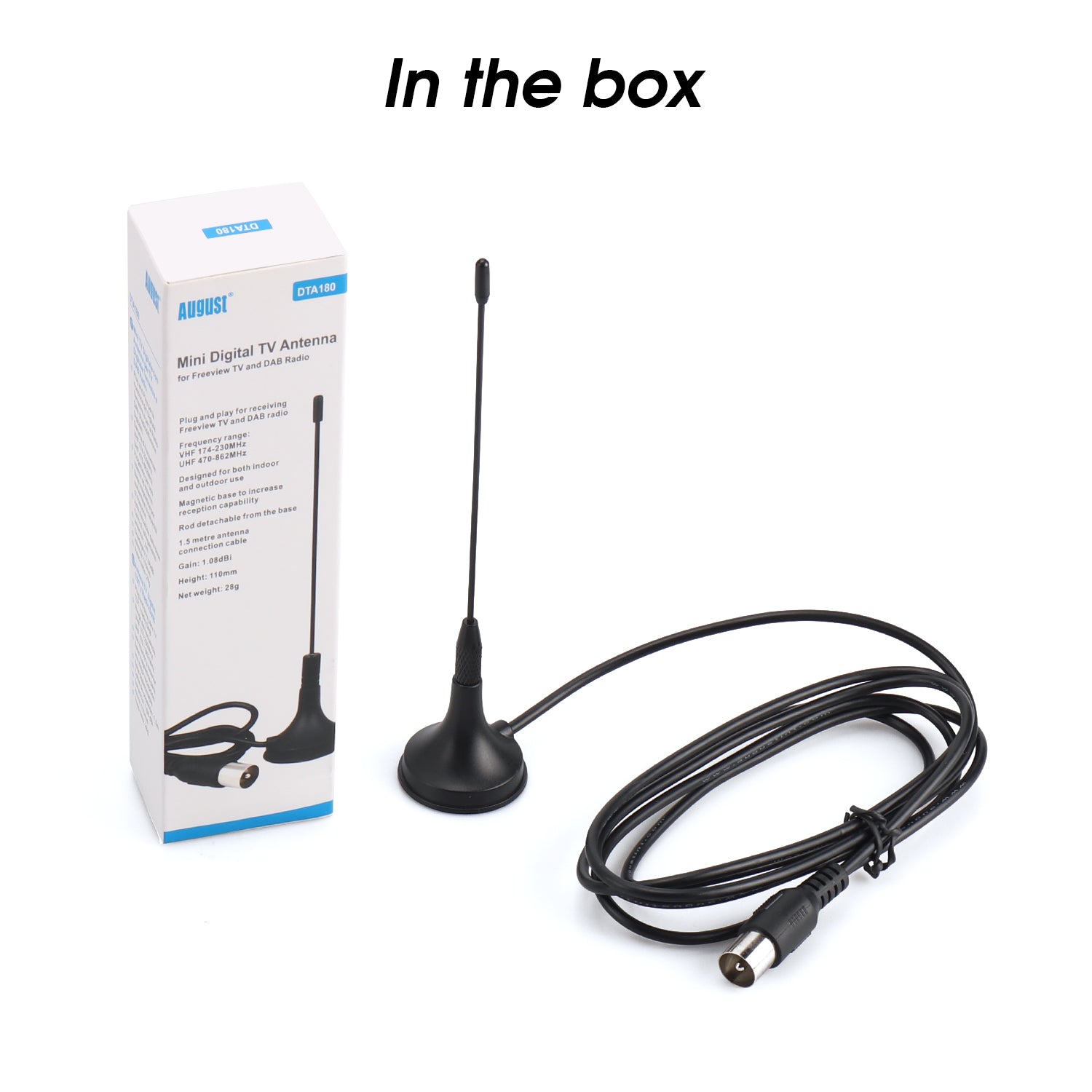 Refurbished August DTA180 Portable Freeview Digital HD TV Antenna with Magnetic Base - Car, Truck & RV TV Reception for Road Trips & Camping