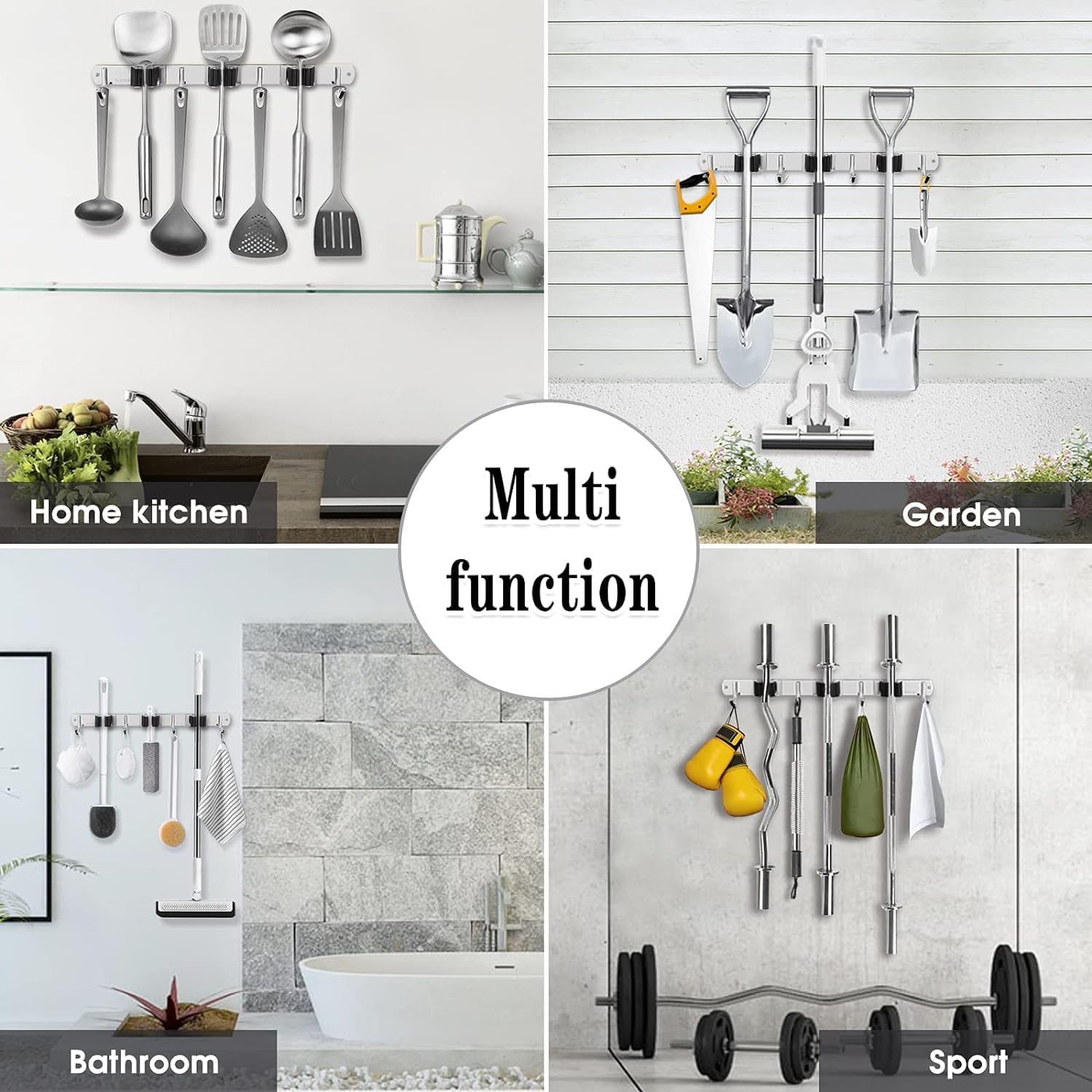 2 Pack Heavy Duty Stainless Steel Broom and Mop Holder Wall Mount - 3 Racks & 4 Hooks Garage Organizer, Self-Adhesive Non-Slip Wall Hangers for Home Kitchen Garden - Perfect for Garage, Pantry, and Laundry Room Storage Solutions