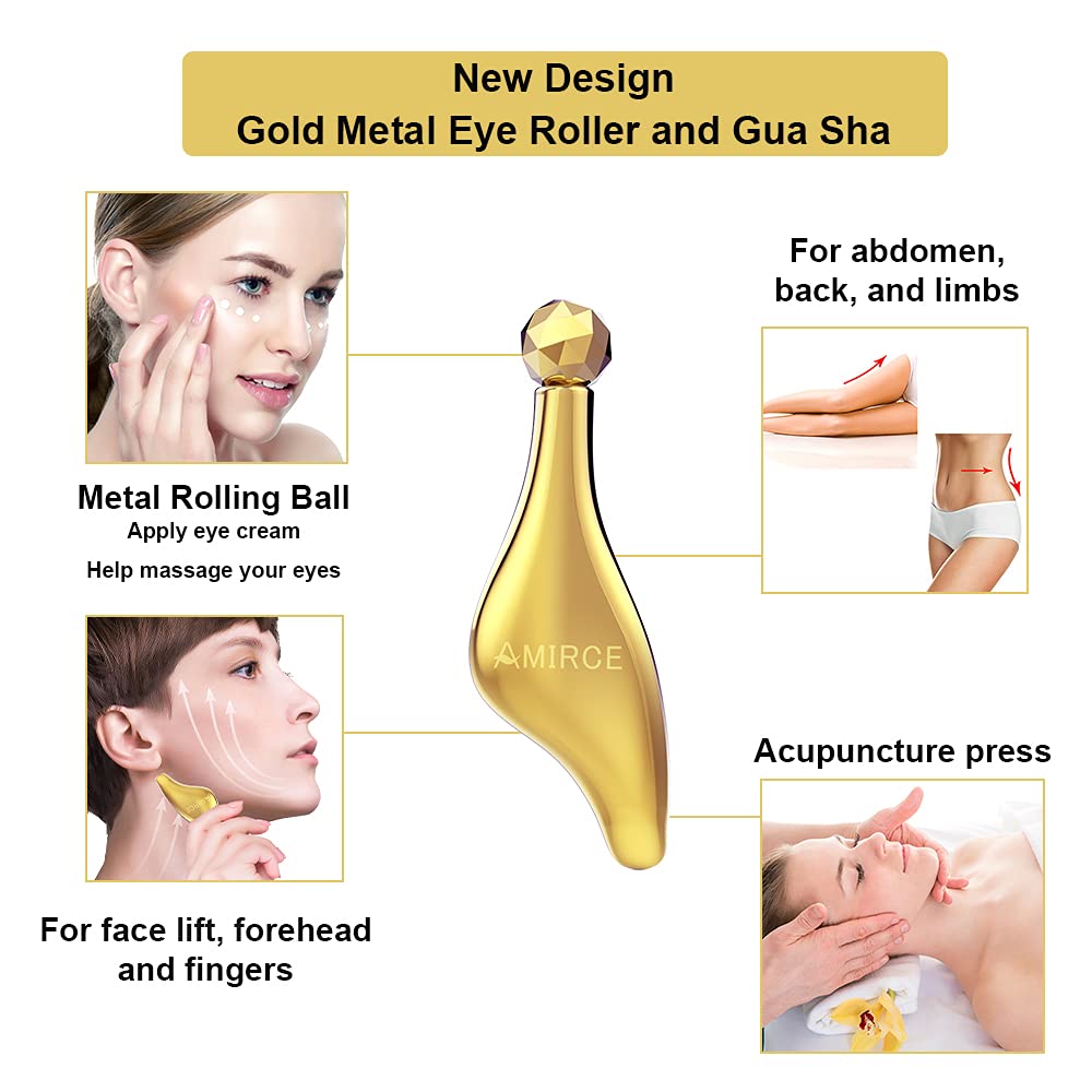 Amirce 3D Face Massager Roller & Gua Sha Tool Set for Women - Gold Facial Skin Care & Anti-Aging Massage Tools - Perfect for Home Spa, Relaxation & Skincare Routine