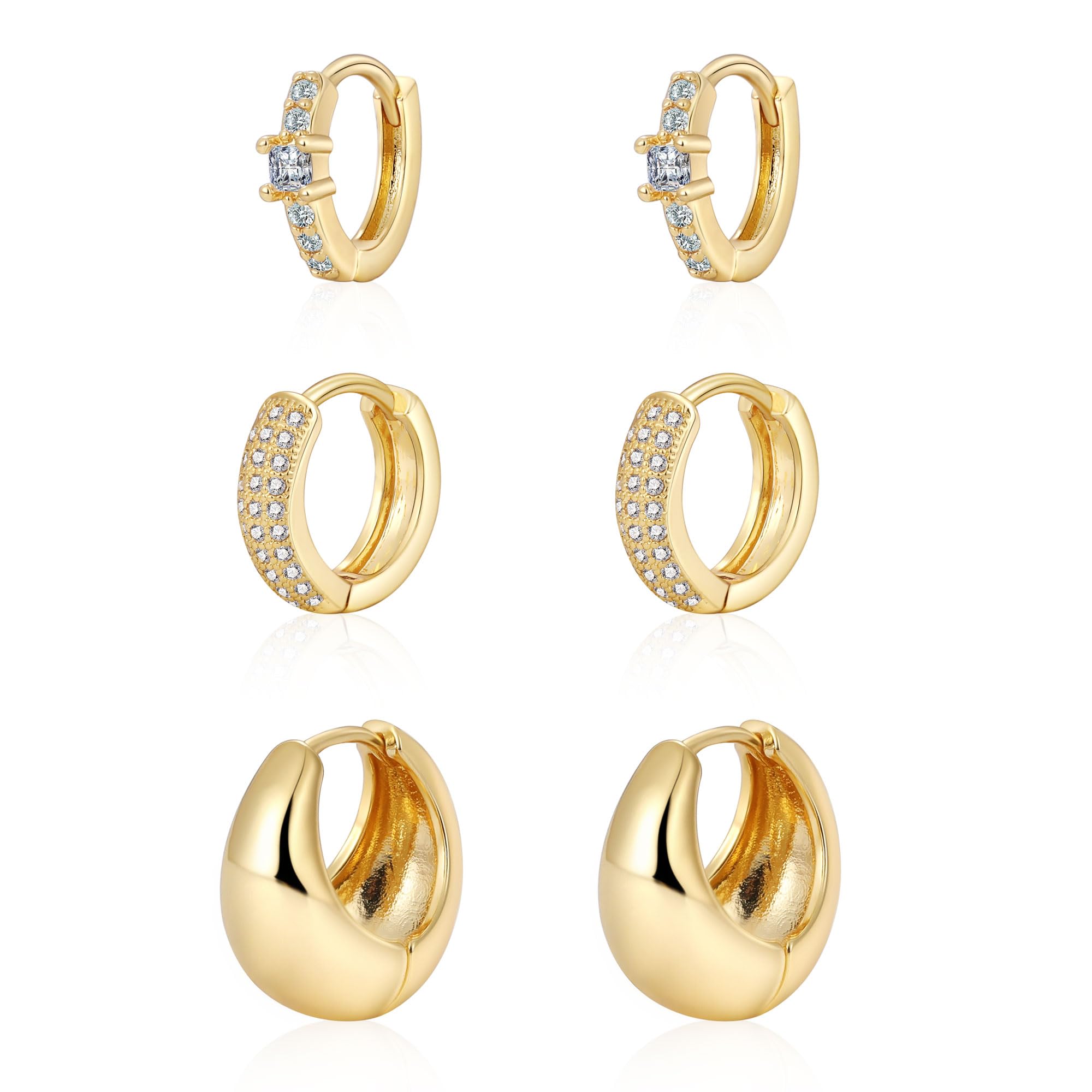 3 Pairs 14K Gold Plated Chunky Hoop Earrings for Women - Elegant Huggie Hoop Earring Set for Everyday Wear, Party & Gift Giving