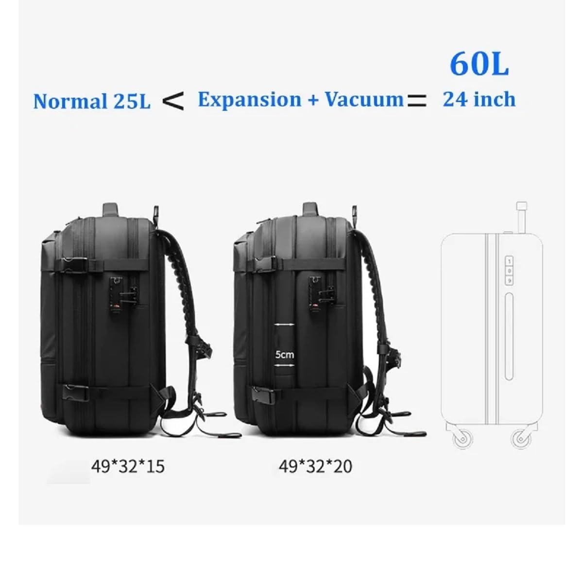 **Ascribei 60L Expandable Vacuum Compression Backpack - Water Resistant, Anti-Theft Travel Hiking Backpack for Outdoor Adventures (Black)**    **Usage Scenarios:** Perfect for travel, hiking, camping, and daily commuting, keeping your belongings secure and compact.