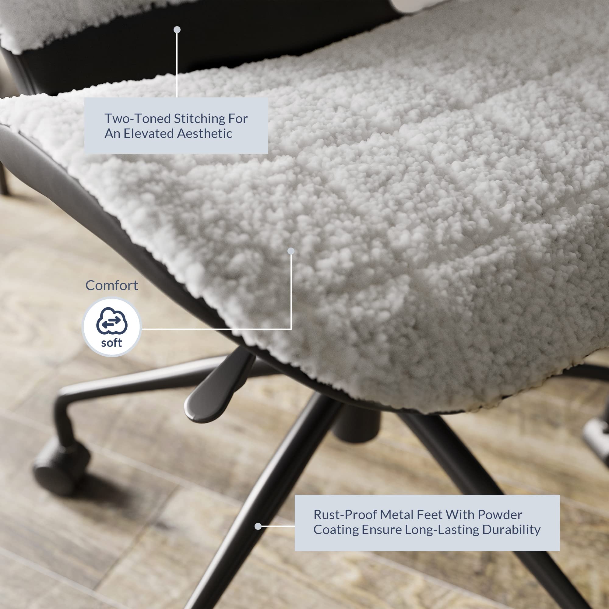 BELLEZE Modern Upholstered Wool Desk Chair with Swivel Wheels & Adjustable Height - Ergonomic Office Chair for Home Office, Gaming Desk & Vanity - Contemporary Rolling Task Chair in White & Black