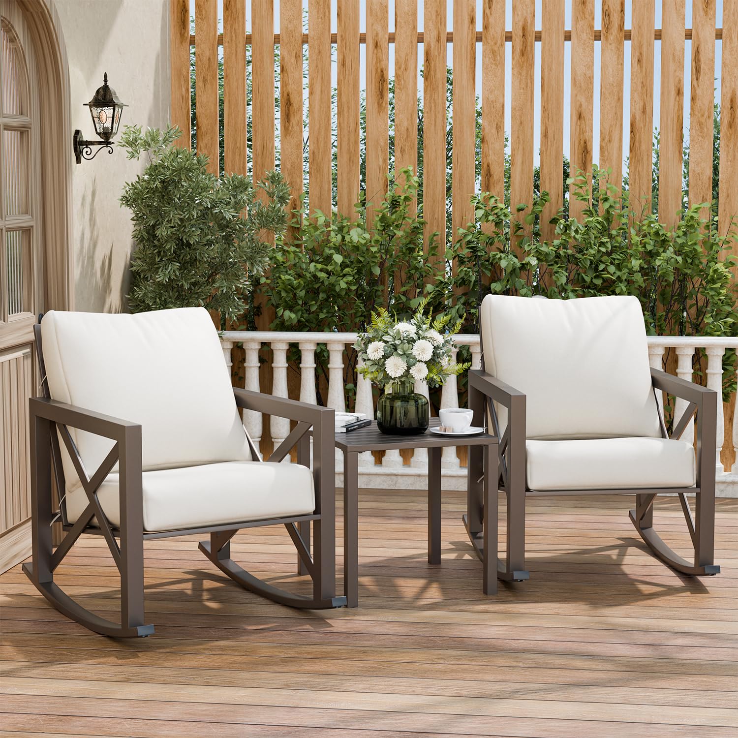 3-Piece Outdoor Rocking Bistro Set with 2 Rocking Chairs & Metal Coffee Table - Rattan Patio Furniture with Thick Cushions for Backyard, Porch, Poolside (Beige) | Perfect for Relaxing, Entertaining & Outdoor Dining