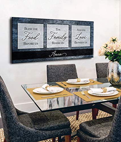 Bless the Food V2 Blue Framed Kitchen Wall Art Sign - 60x27 Inches Rustic Dining Room Decor for Farmhouse & Modern Homes - Perfect for Kitchens, Dining Areas & Entryways