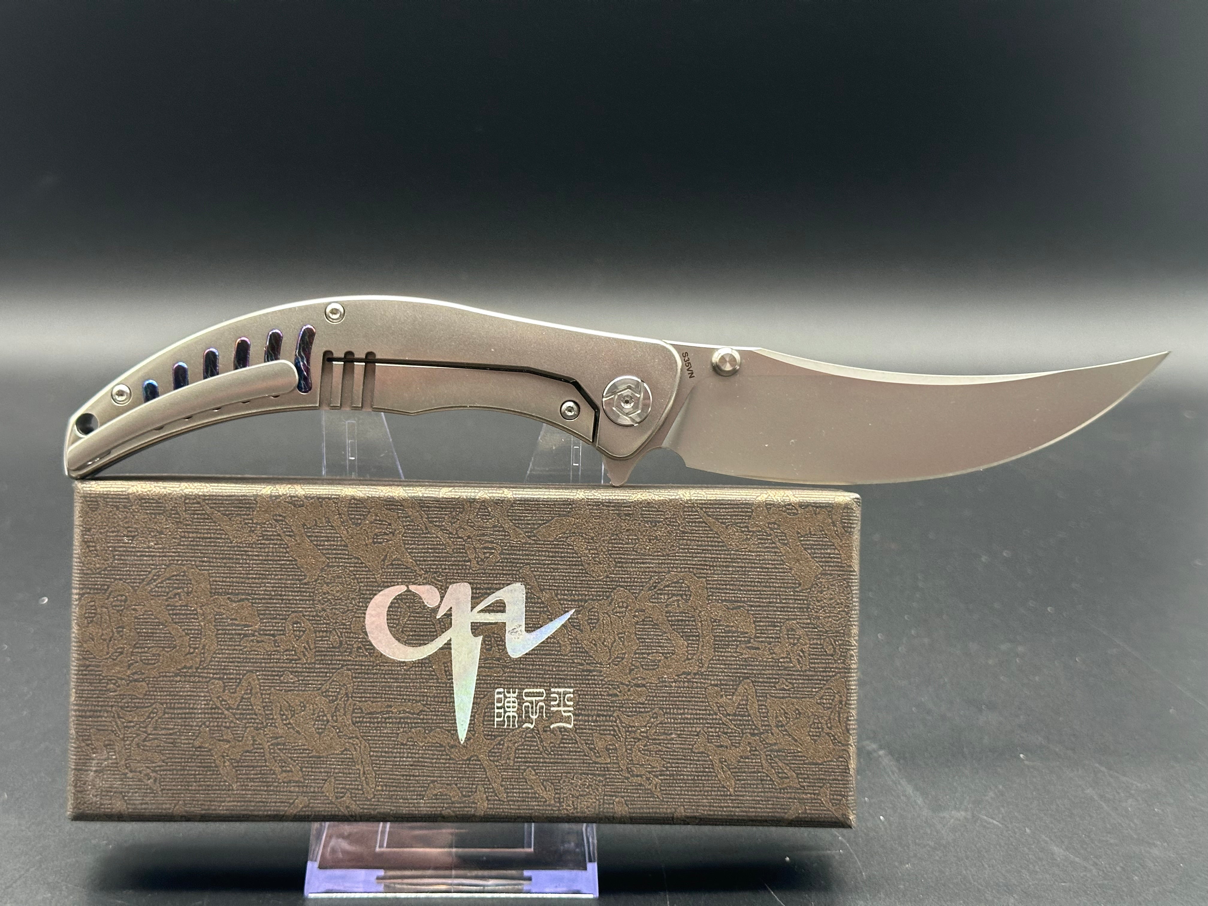 CH Knives Sultan Folding Knife - Grey Titanium Handle, S35VN Steel Plain Edge - EDC, Outdoor Camping, Survival & Tactical Use