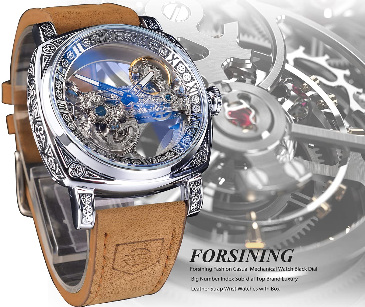 FORSINING Men's Automatic Watch - Skeleton Square Dial, Leather Strap for Business & Casual Wear