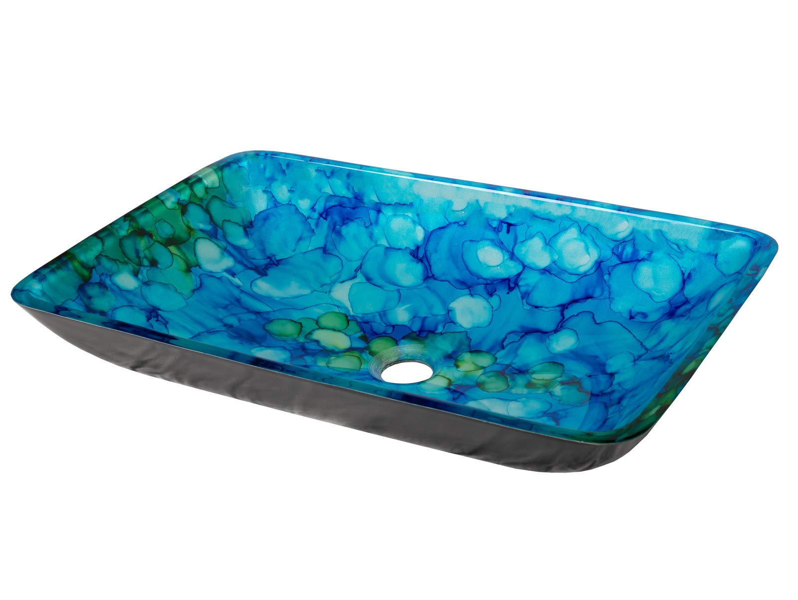 Blue and Green Water Lilies Rectangular Glass Vessel Sink for Bathroom - Modern Art Decor Vanity Sink for Home & Hotel Use - Perfect for Spa, Powder Room, and Luxury Bathroom Renovations
