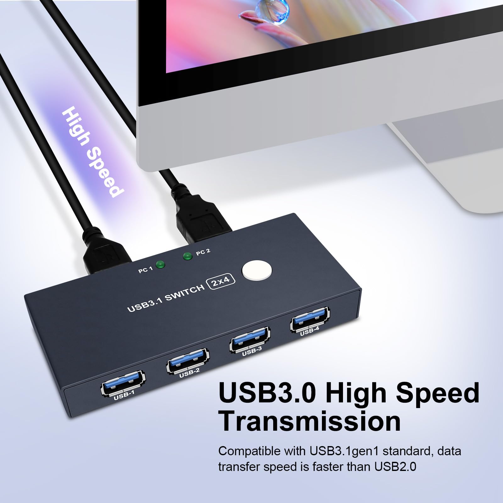 EVATEK USB 3.0 KVM Switch - 2 Input 4 Output USB 3.1 Hub with 2 Cables for Sharing 4 Devices - Peripheral Switcher Box for PC, Laptop, Printer, Scanner - Ideal for Home Office & Multi-Computer Setup