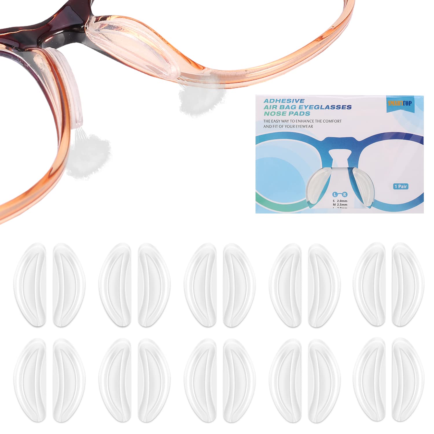 SMARTTOP 2.5mm Anti-Slip Silicone Nose Pads for Eyeglasses - 10 Pairs Crystal Clear Nose Pads for Plastic Frames & Sunglasses - Comfortable Glasses Repair Kit for Men & Women - Perfect for Reading, Driving & Daily Wear