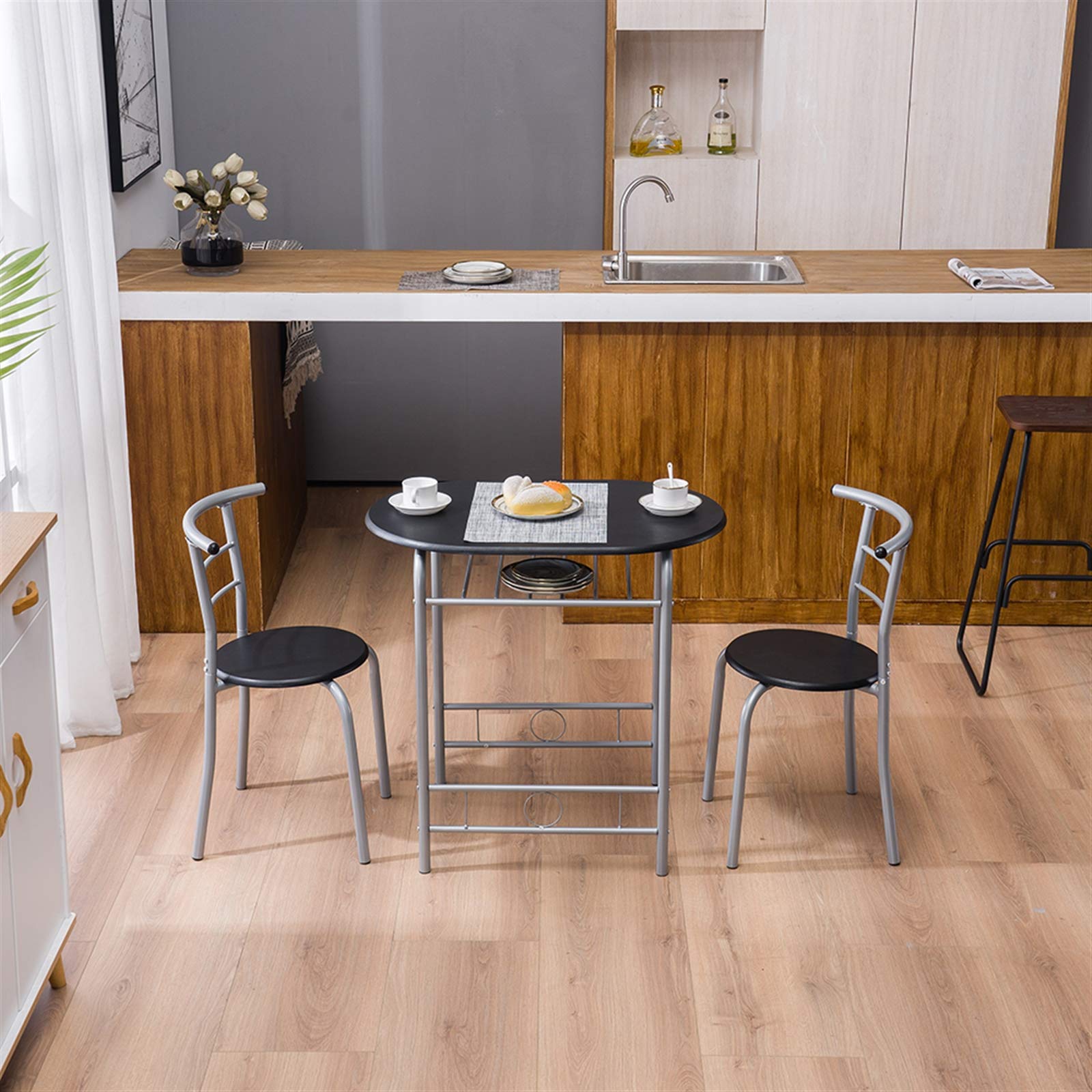 Modern Black Wood 3-Piece Dining Table Set with 2 Stools - Contemporary Kitchen Breakfast Table for Small Spaces, Apartments, and Compact Homes