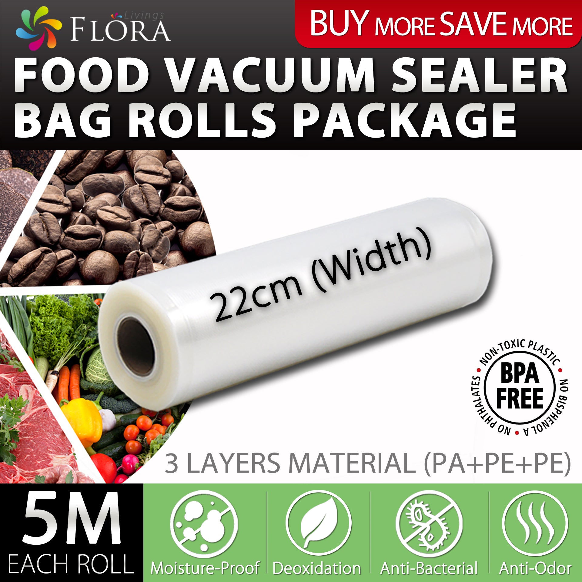 Premium Vacuum Sealer Bags Rolls - 5M Length, 22cm/28cm Width - Compatible with FL FVS 5199 - Airtight Food Storage for Meal Prep, Sous Vide & Freezer Organization - Keep Food Fresh Longer