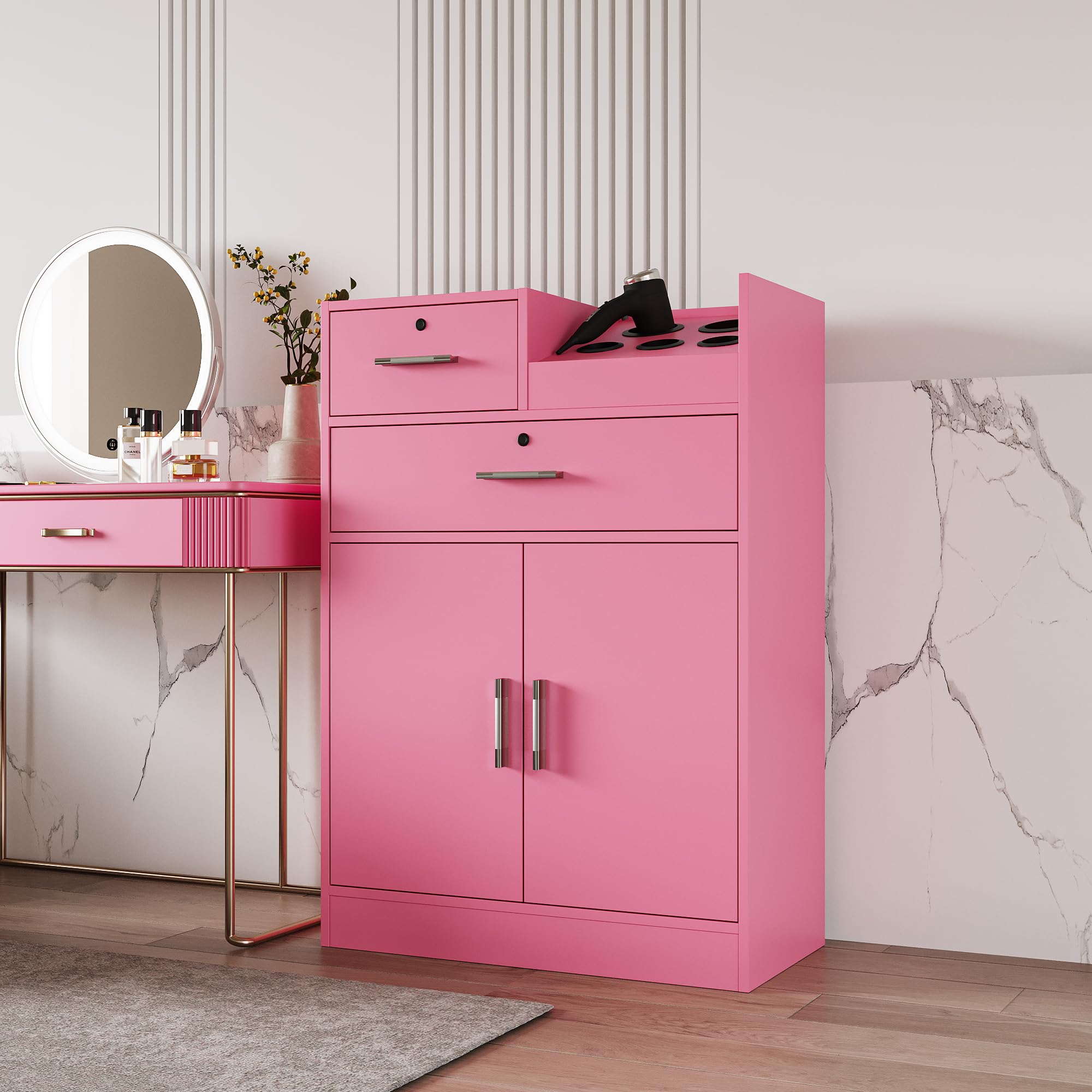 Pink Salon Storage Cabinet with Lock & Hair Dryer Holder - 2 Drawers & 1 Cabinet for Beauty Salon, Barber Shop, Spa Organization - Professional Stylist Equipment Organizer for Home & Commercial Use