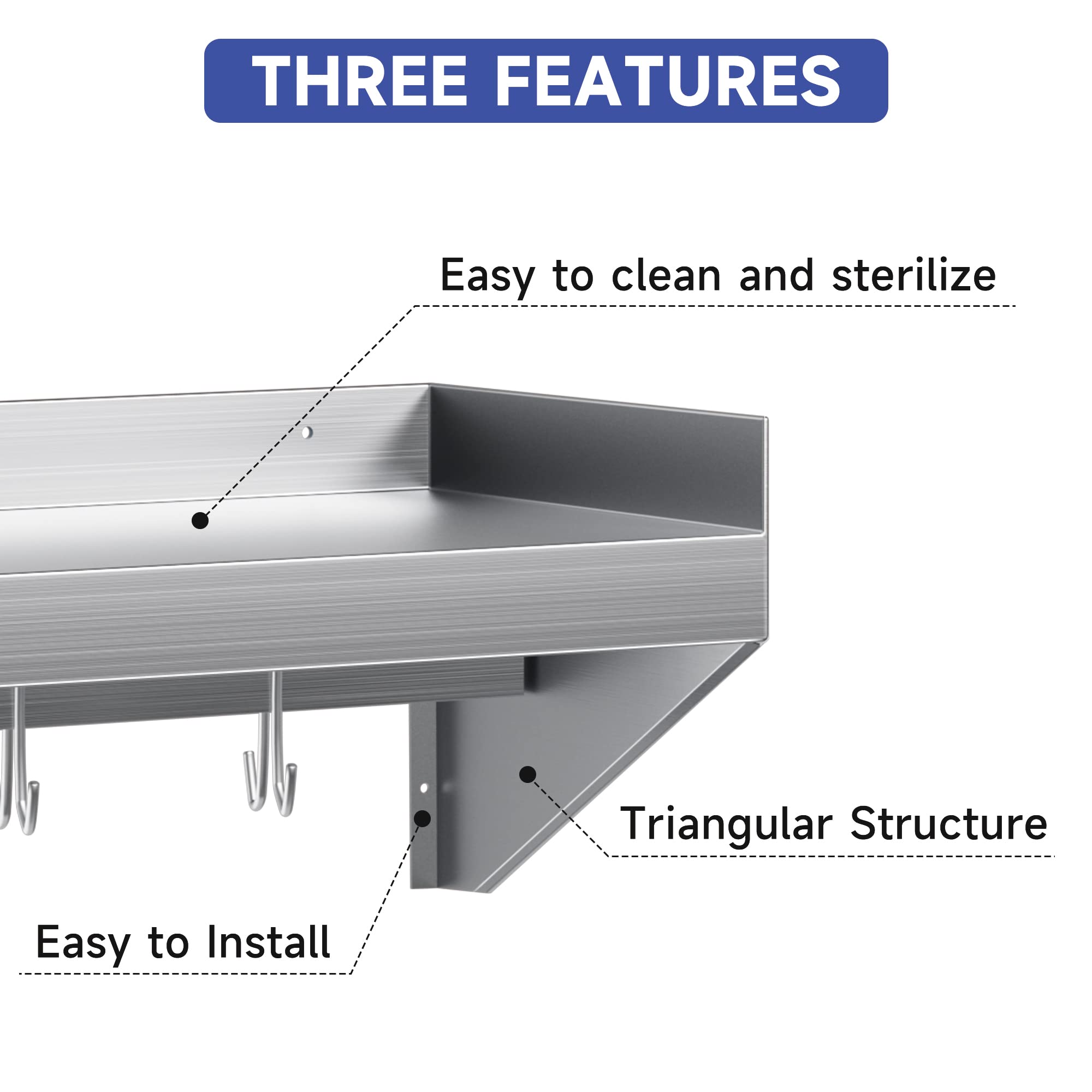 Stainless Steel Wall Shelf 36x14 Inch - Heavy Duty Metal Floating Shelf with 5 Hooks for Kitchen, Bathroom, Laundry Room - Wall Mounted Storage Rack for Pots, Spices, Towels - Perfect for Home, Restaurant, Bar & Food Truck Organization