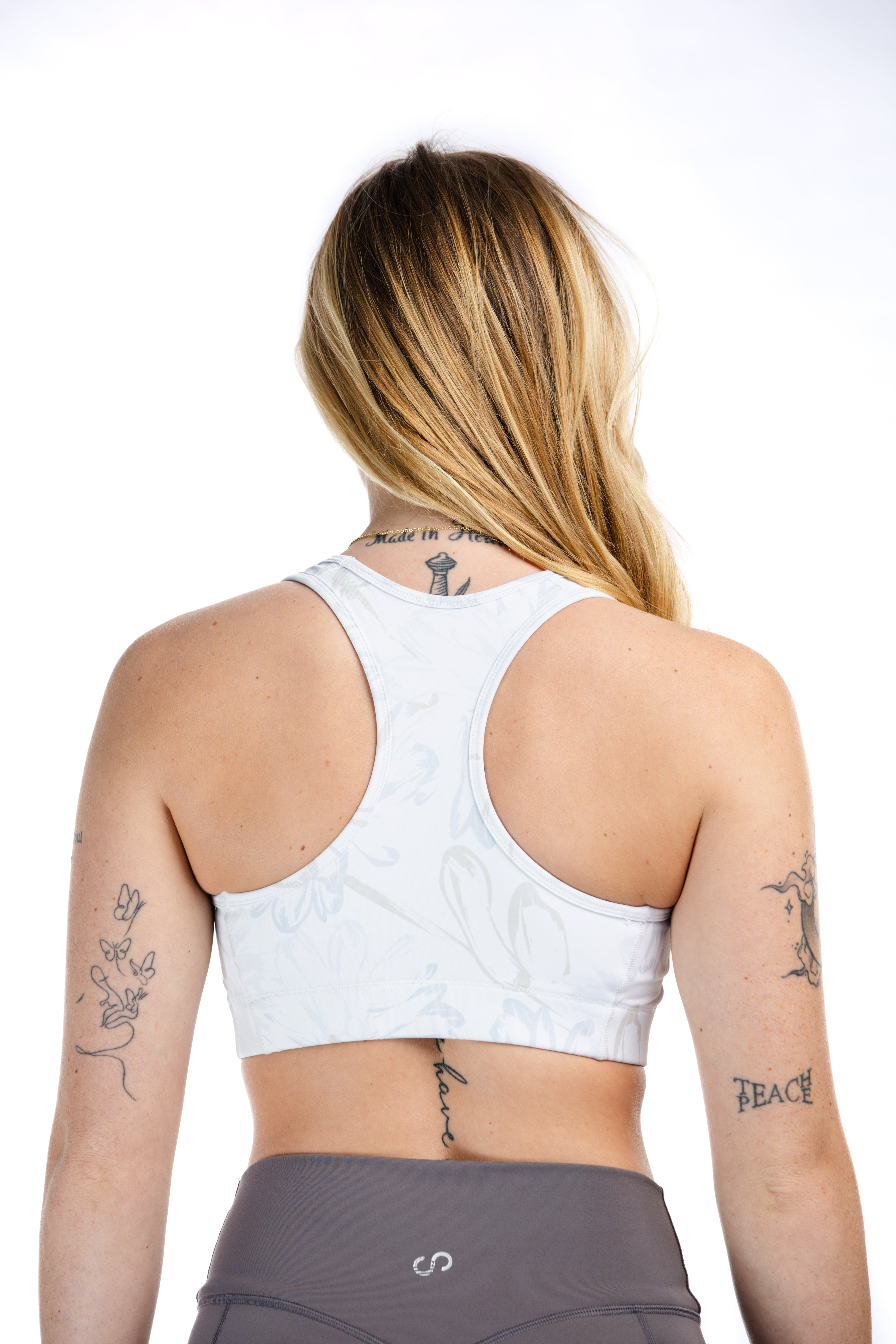 High Support Sports Bra for Women - Grey & Tan Floral Pattern Workout Top | Perfect for Yoga, Running & Gym Fitness Activities