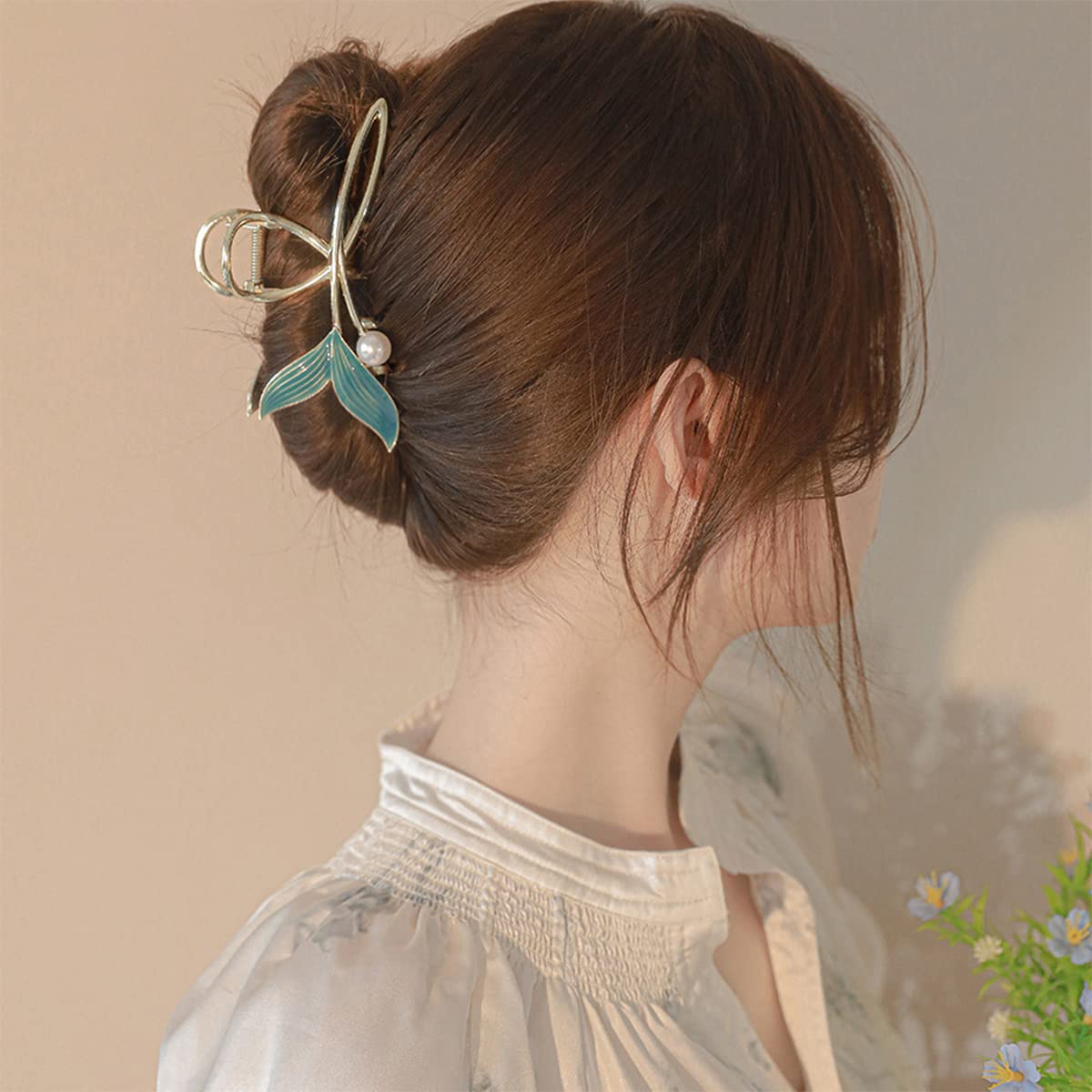 PALAY® Large Mermaid Pearl Hair Claw Clip for Women - Non-Slip Metal Jaw Clip, Strong Hold Hair Accessories for Elegant Bun & Updo Hairstyles | Perfect Gift for Ladies, Wedding, Party & Daily Use
