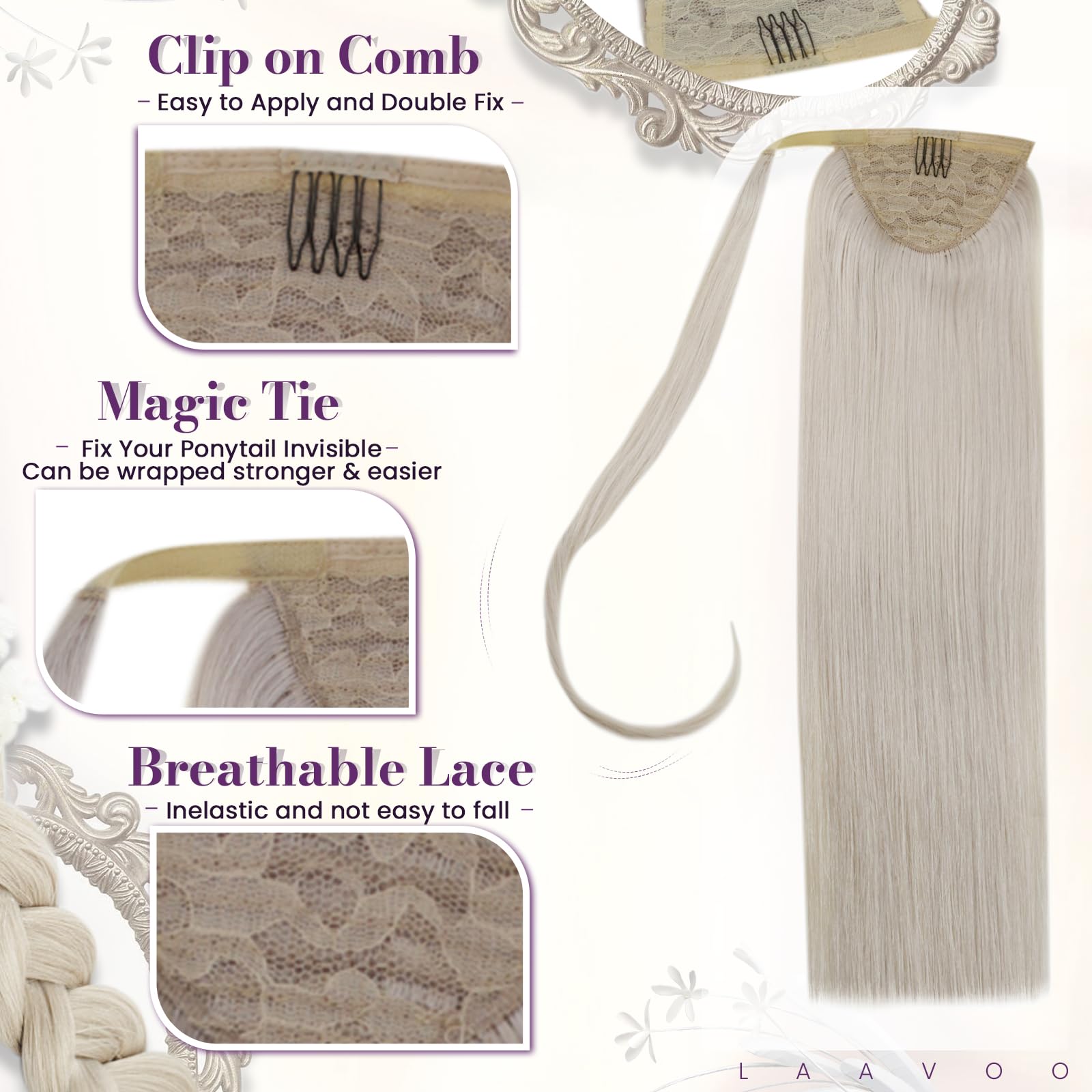 LaaVoo 16 Inch Blonde Straight Human Hair Ponytail Extension - 80g Wrap Around Real Human Hair for Women | Perfect for Parties, Weddings & Everyday Styling