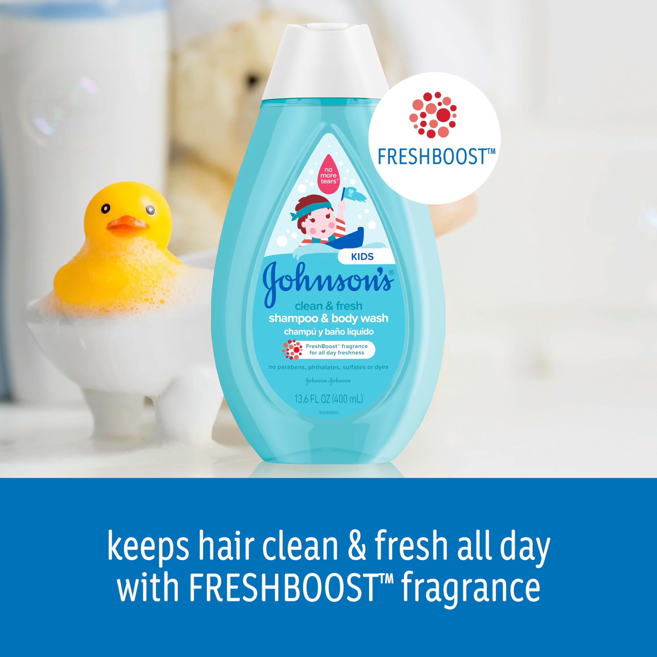 Johnson's Kids Clean & Fresh Tear-Free Shampoo & Body Wash - Hypoallergenic, Paraben, Sulfate & Dye Free - Gentle for Toddlers & Kids Hair Care - FreshBoost Scent 13.6 fl oz - Perfect for Daily Bath Time & Sensitive Skin