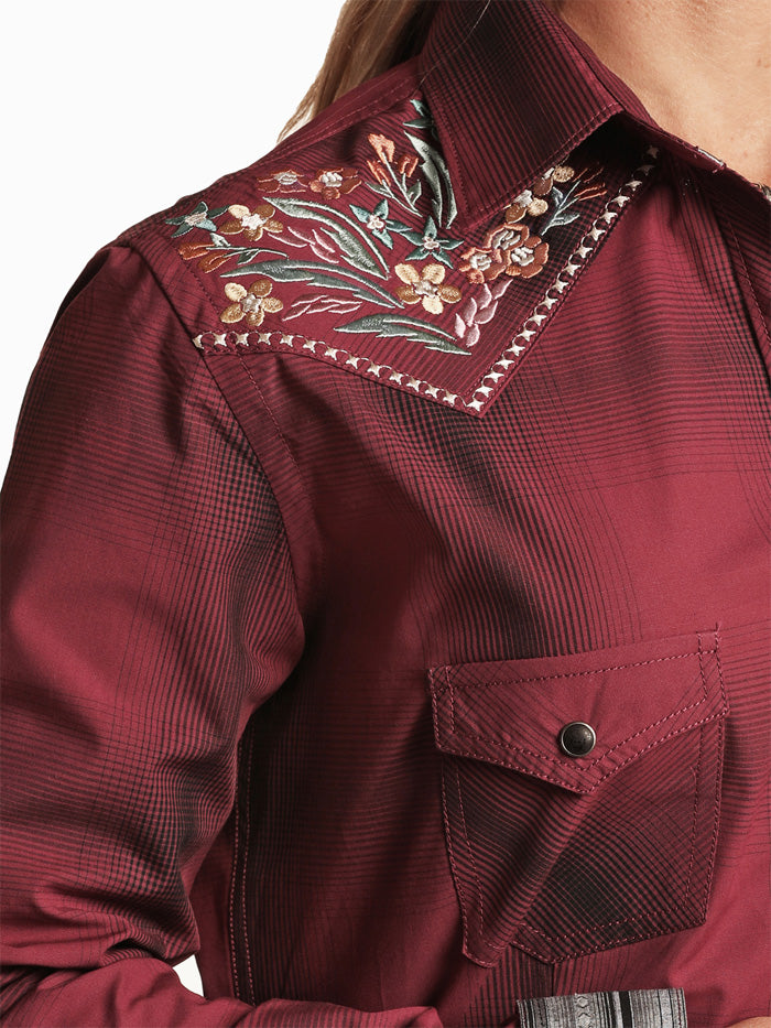 Panhandle R4S1219 Women's Long Sleeve Floral Yoke Embroidery Shirt Ombre Plaid - Casual Boho Blouse for Spring & Fall, Perfect for Office, Date Night and Outdoor Activities