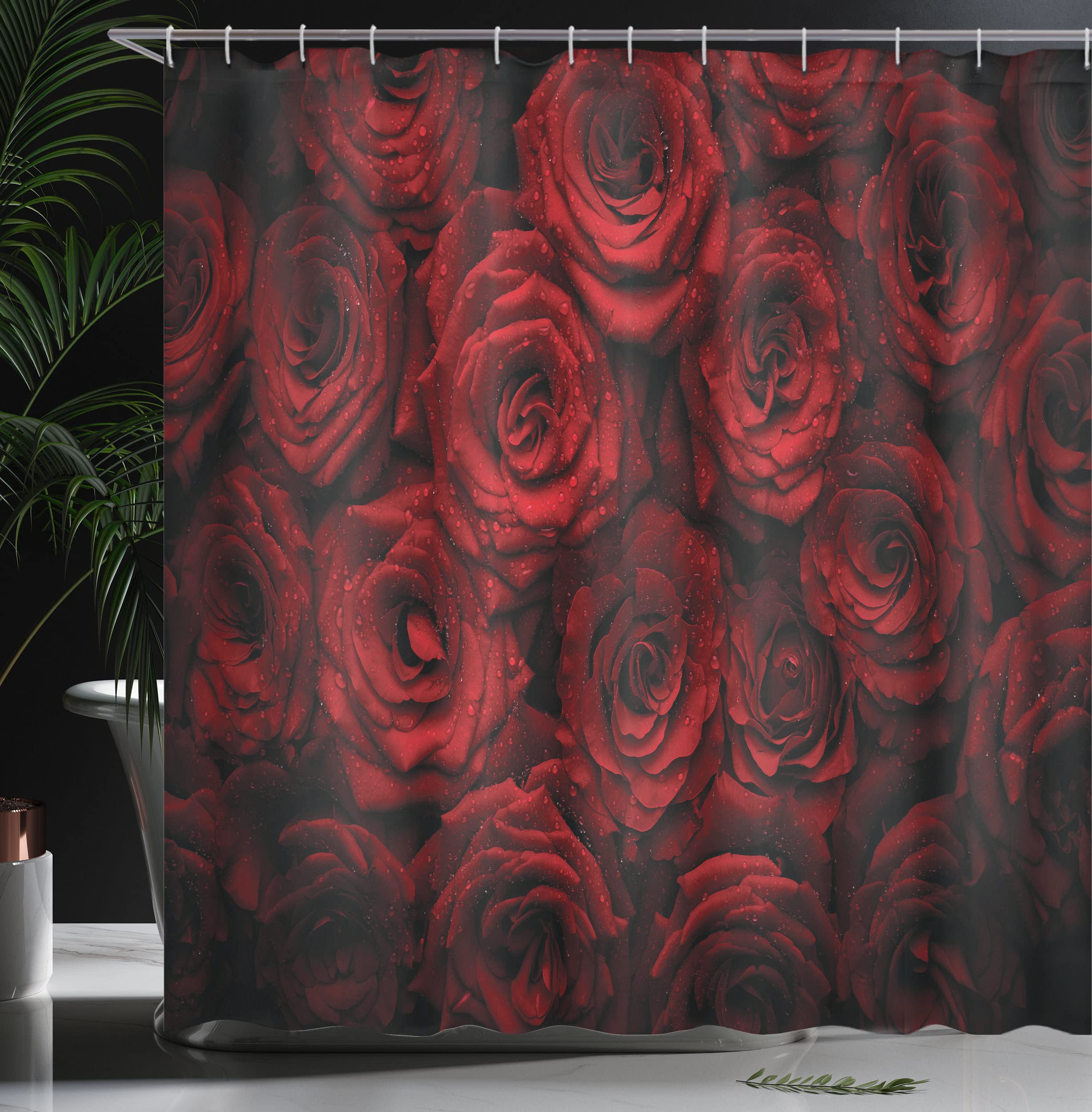 Ambesonne Romantic Roses Shower Curtain - Water Drop Floral Bouquet Love Passion Design, 69x84 Inch Black Red Fabric Bathroom Decor with Hooks | Perfect for Valentine's Day Gift, Master Bathroom Upgrade & Spa-Like Shower Experience
