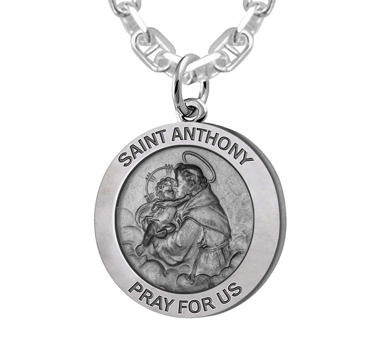 US Jewels And Gems Men's 925 Sterling Silver Saint Anthony 1 Inch Antique Finish Round Pendant Necklace - 18 to 24 Inch Adjustable Chain - Religious Jewelry Gift for Baptism, Confirmation & Daily Wear