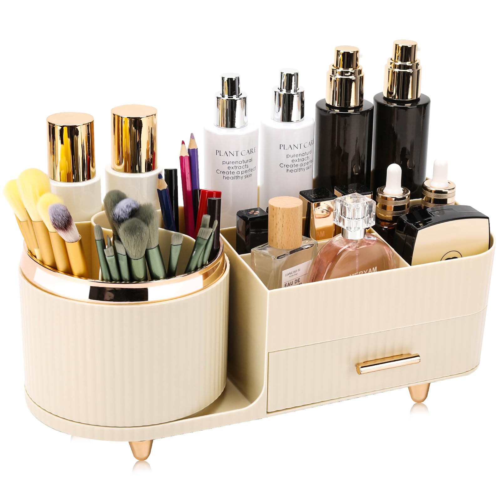 Beborxue 360° Rotating Makeup Organizer with Drawers - Large Capacity Cosmetic Display Case & Skincare Organizer for Lipstick, Brushes, Eyeshadow | Perfect for Vanity, Bathroom & Dressing Table Organization (Rice White)
