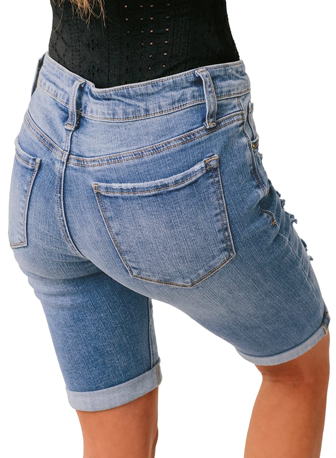Luvamia Women's High Waisted Stretch Bermuda Shorts - Ripped Rolled Hem Denim Shorts for Summer | Casual Outfit, Beach Wear & Street Style Fashion