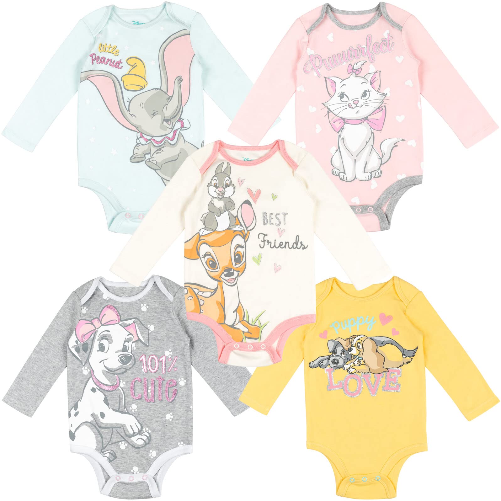 Disney Princess & Lion King Baby Bodysuits 5-Pack - Newborn to Infant Outfits for Girls (Ariel, Timon, Pumbaa, 101 Dalmatians) | Perfect for Nursery, Photo Shoots & Birthday Gifts