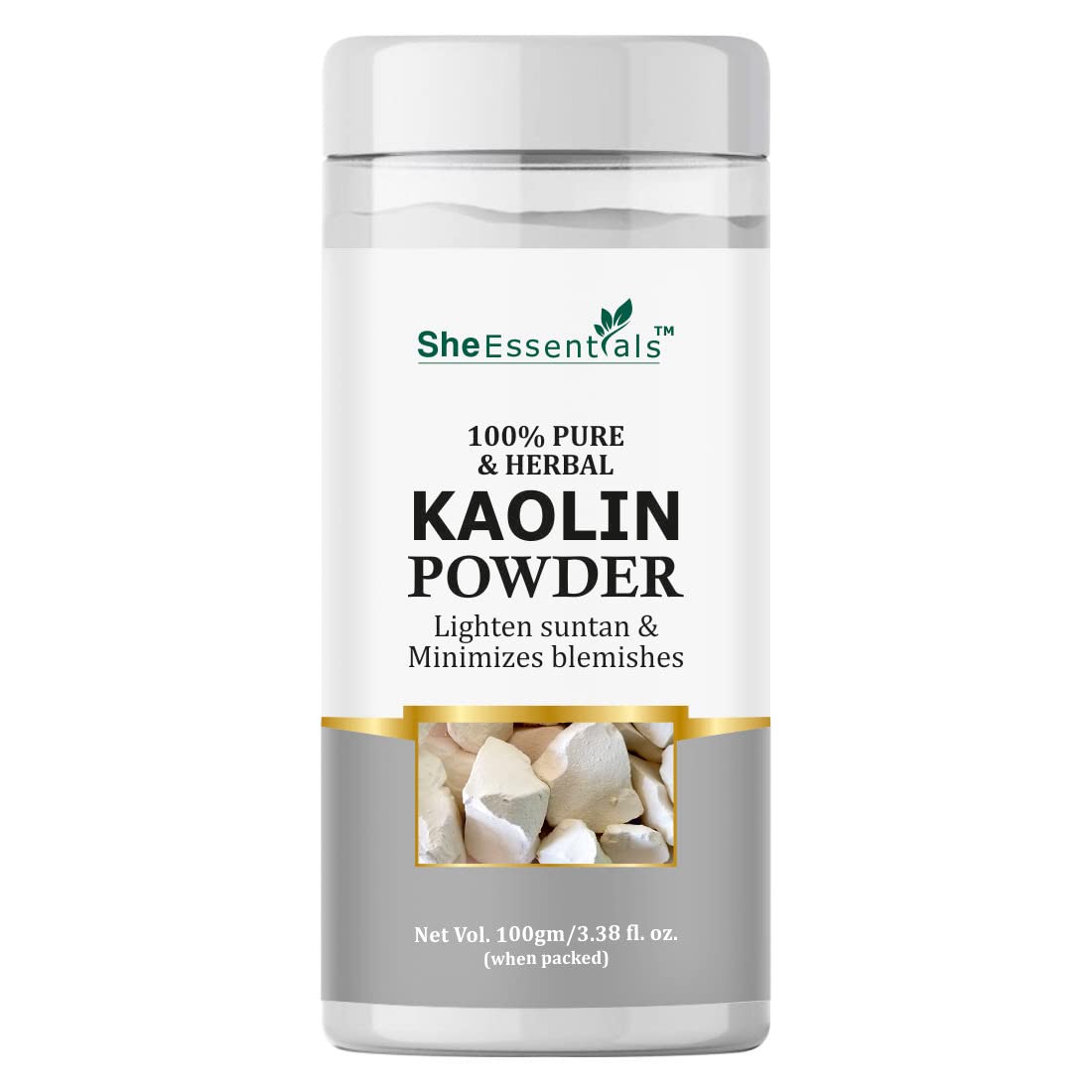 **She Essentials 100% Natural & Organic Kaolin Clay Powder for Face & Skin Brightening - 100g | Gentle Exfoliator for Acne, Blackheads & Glowing Skin | DIY Face Mask & Skincare Routine**