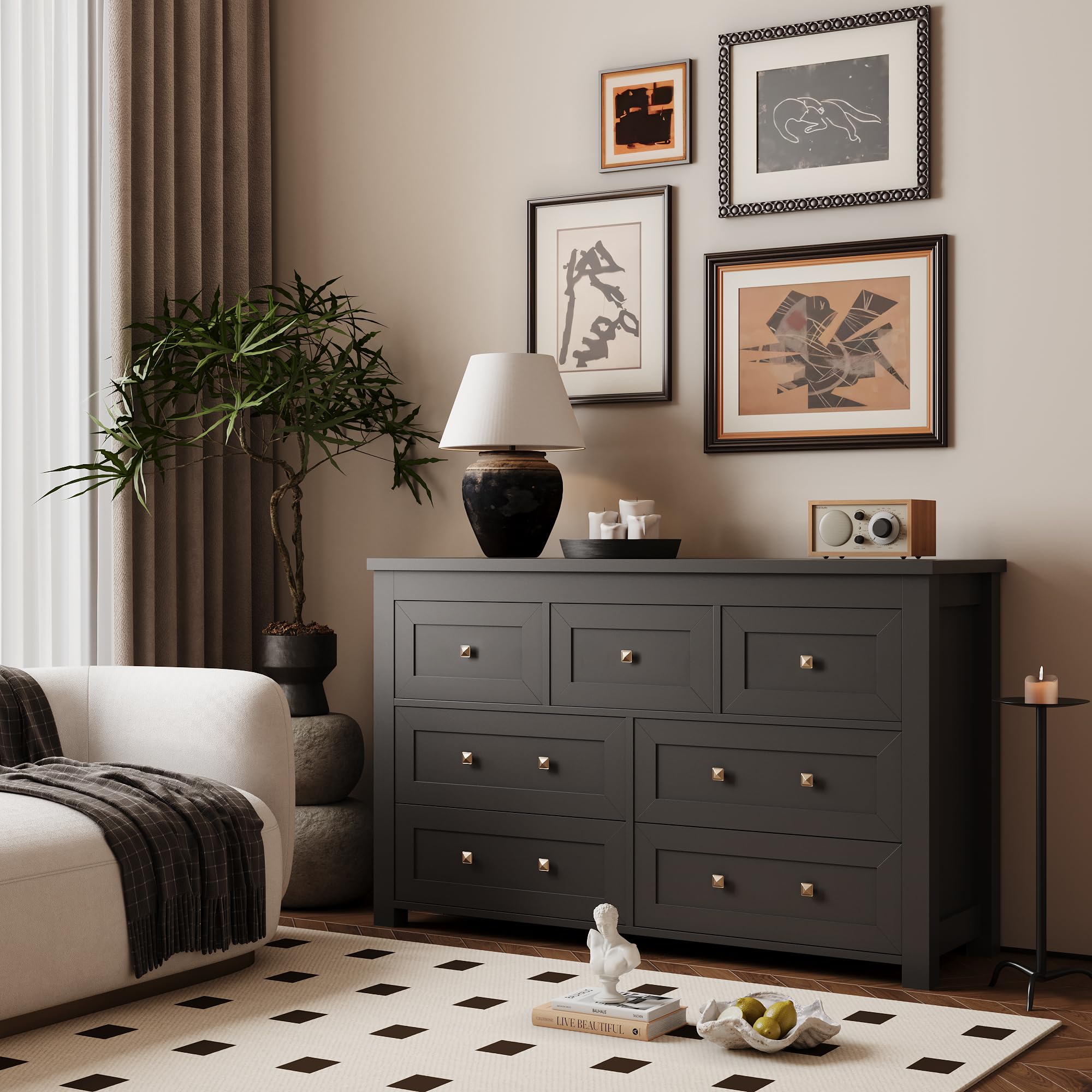 7-Drawer Farmhouse Dresser for Bedroom - Solid Wood Chest with Metal Handles, Wide TV Stand & Closet Storage Organizer - Modern Entryway, Living Room, Hallway Furniture (Black) - Perfect for Bedroom Storage & Living Room Organization