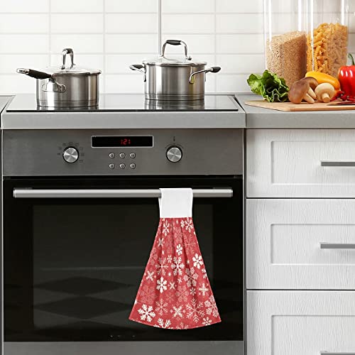 Christmas Snowflake Red Kitchen Hand Towels - Set of 2 Super Soft Absorbent Dishcloths with Hanging Ties | Holiday Home Decor for Kitchen, Bathroom & Christmas Toilet Decorations