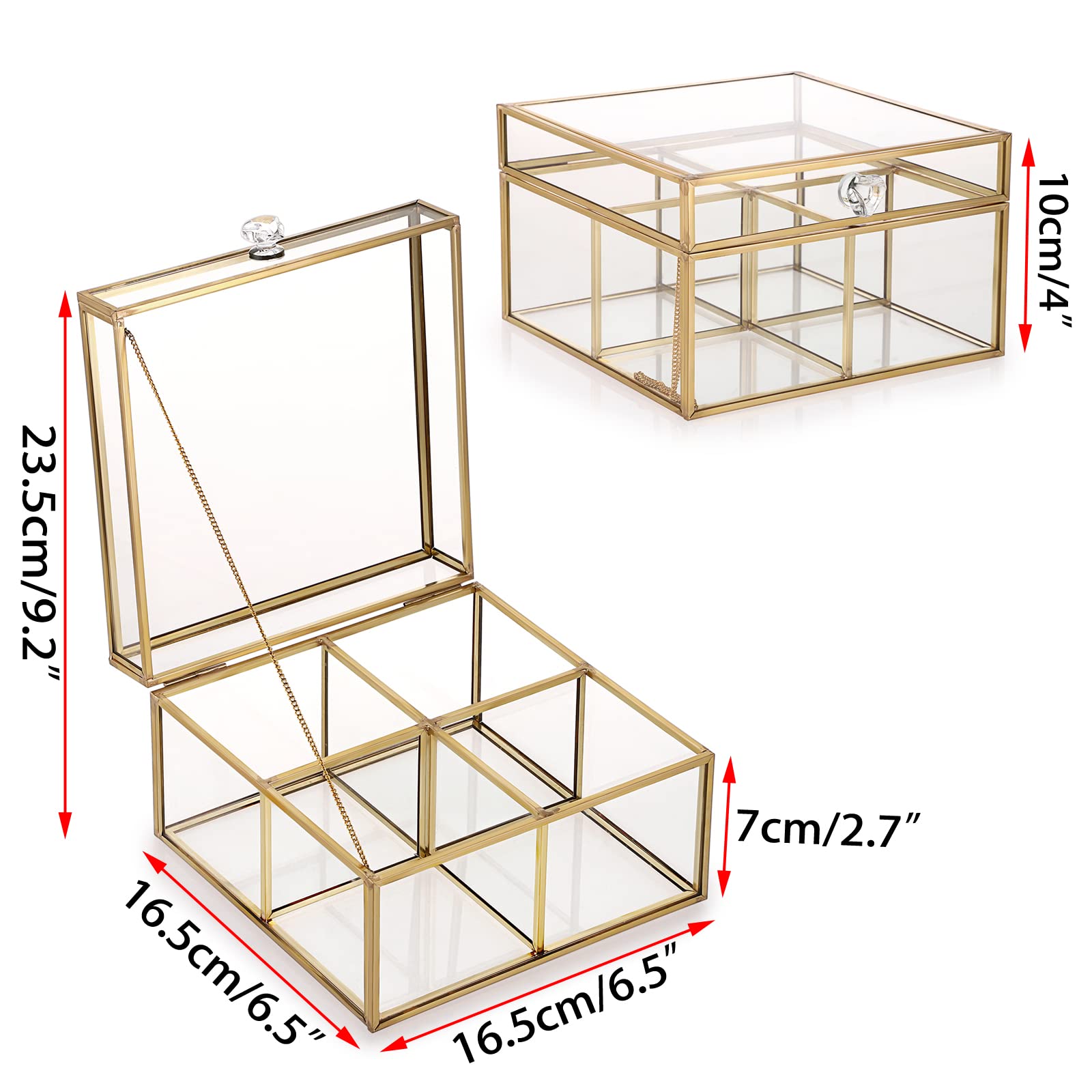 ELLDOO Gold Glass Tea Bags Storage Box with Lid - 4 Compartment Jewelry Organizer for Makeup Sponges, Sugar Packets, Rings & Earrings - Elegant Countertop Display for Bathroom Vanity or Dressing Table