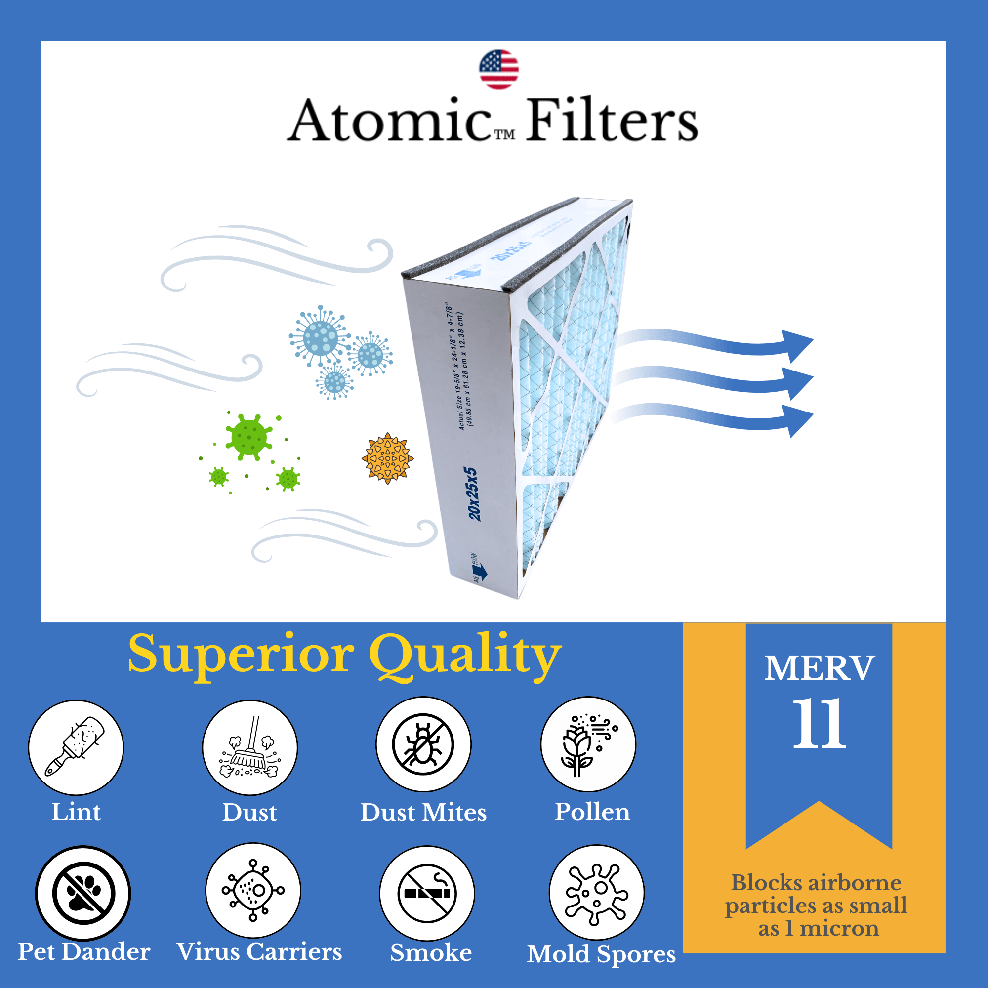 20x25x5 MERV 11 Air Filter 2 Pack - Compatible with Air Bear 259112 102 - High Efficiency HVAC Furnace AC Filters for Home, Office & Commercial Use