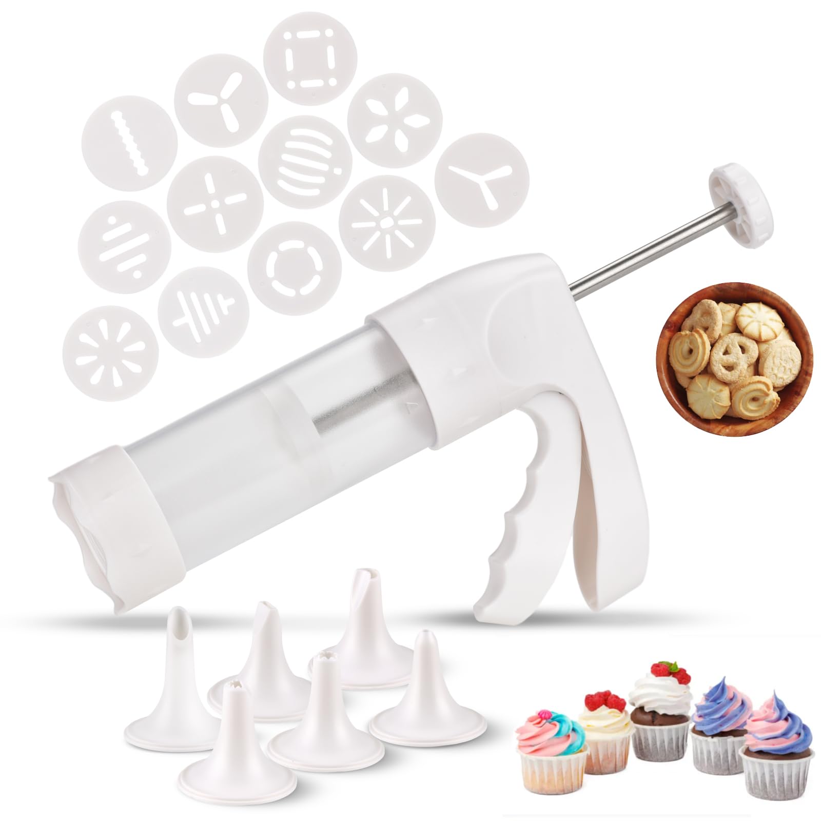 YOOUSOO Cookie Press Gun Kit - 12 Decorating Discs & 6 Icing Tips for DIY Biscuit Making - Perfect for Christmas Baking, Holiday Parties, and Home Decorating (Cookie Maker Machine)