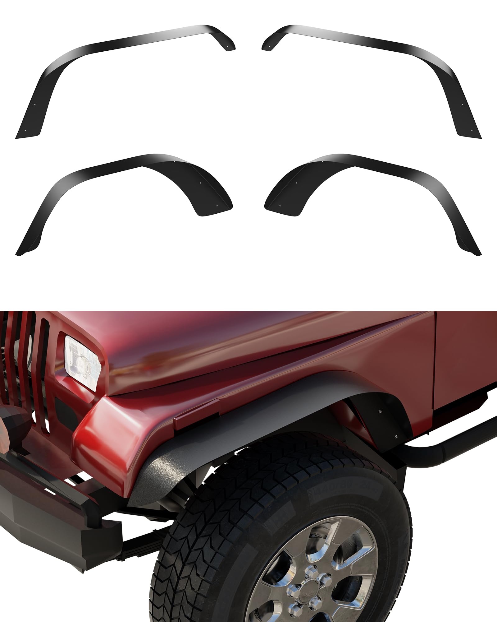 GARVEE 4-Piece Flat Front & Rear Fender Flares for 1987-1995 Jeep Wrangler YJ | Heavy Duty Metal Steel Wheel Liners | Textured Black Finish | Off-Road Protection & Style Upgrade