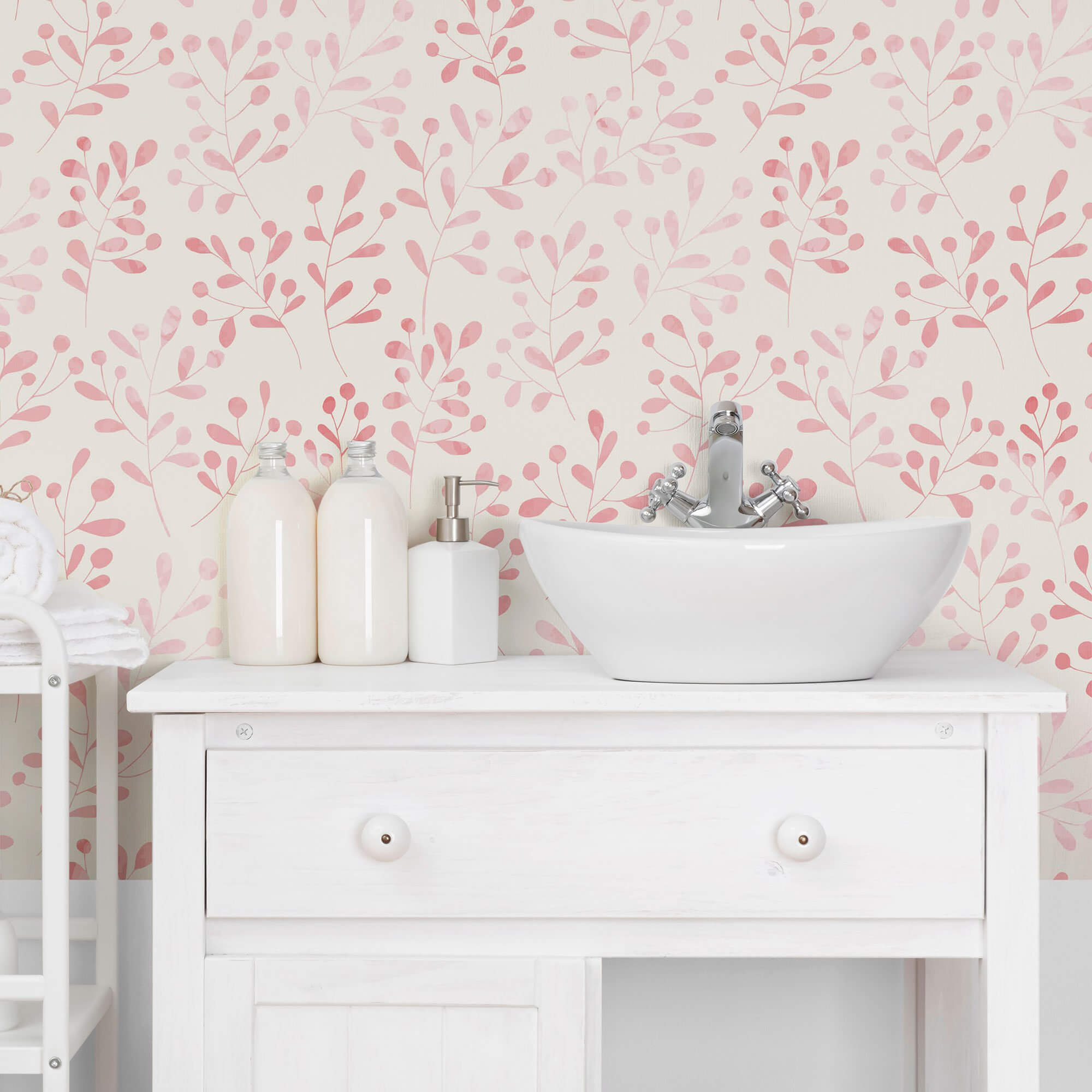 White and Pink Floral Peel and Stick Removable Wallpaper - Self-Adhesive Decorative Wall Covering for Bedroom, Nursery, Living Room & Home Office