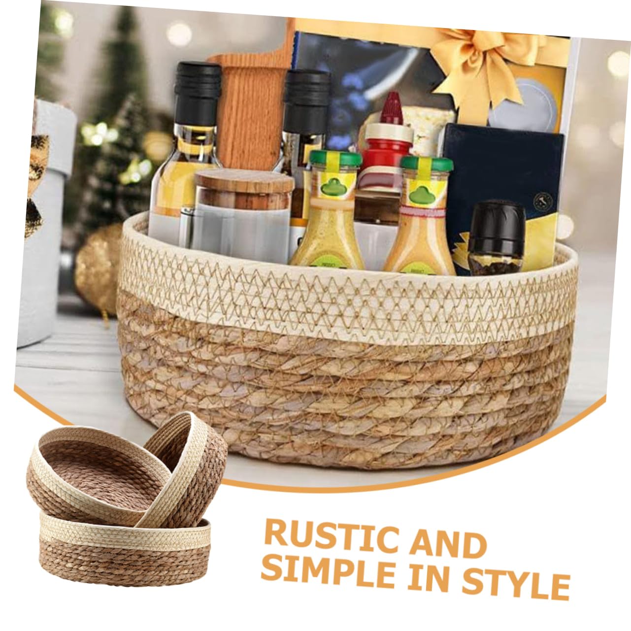 PRETYZOOM Rustic Farmhouse Woven Storage Basket Set - 3-Piece Round Bread & Fruit Basket Collection for Kitchen, Dining Room Decor & Organizing (Natural Fiber, Decorative Storage Boxes) - Perfect for Farmhouse Style Homes, Picnics & Gift Giving